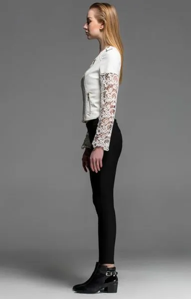 Perfecto Leather Jacket for Women with Lace Flower Sleeves - White