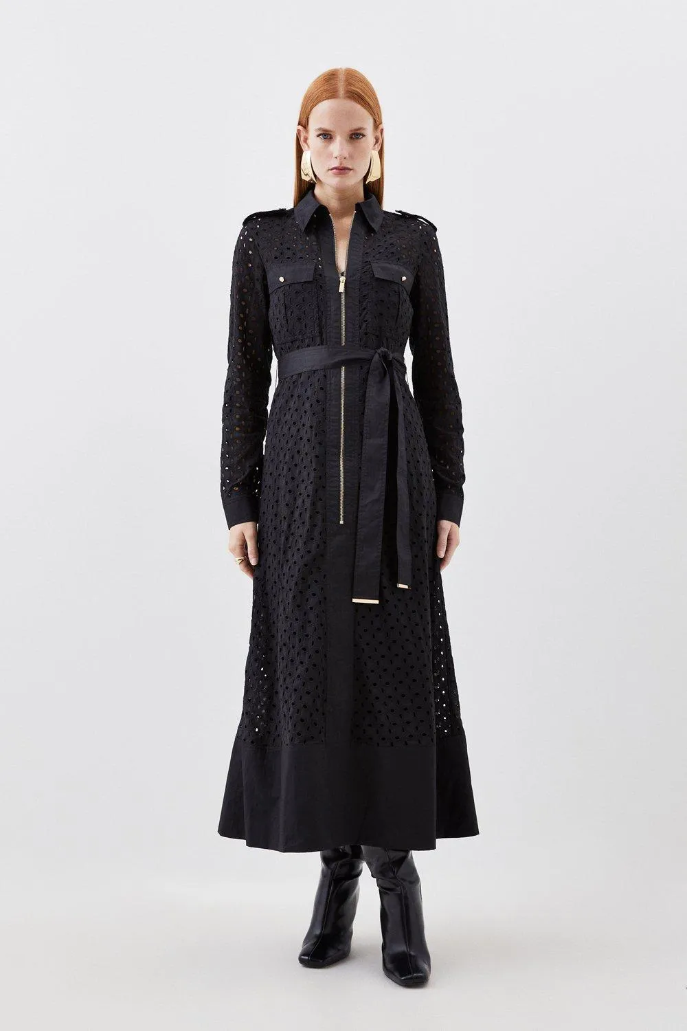 Petite Broderie Cotton Mix Zip Woven Midi Dress | Karen Millen