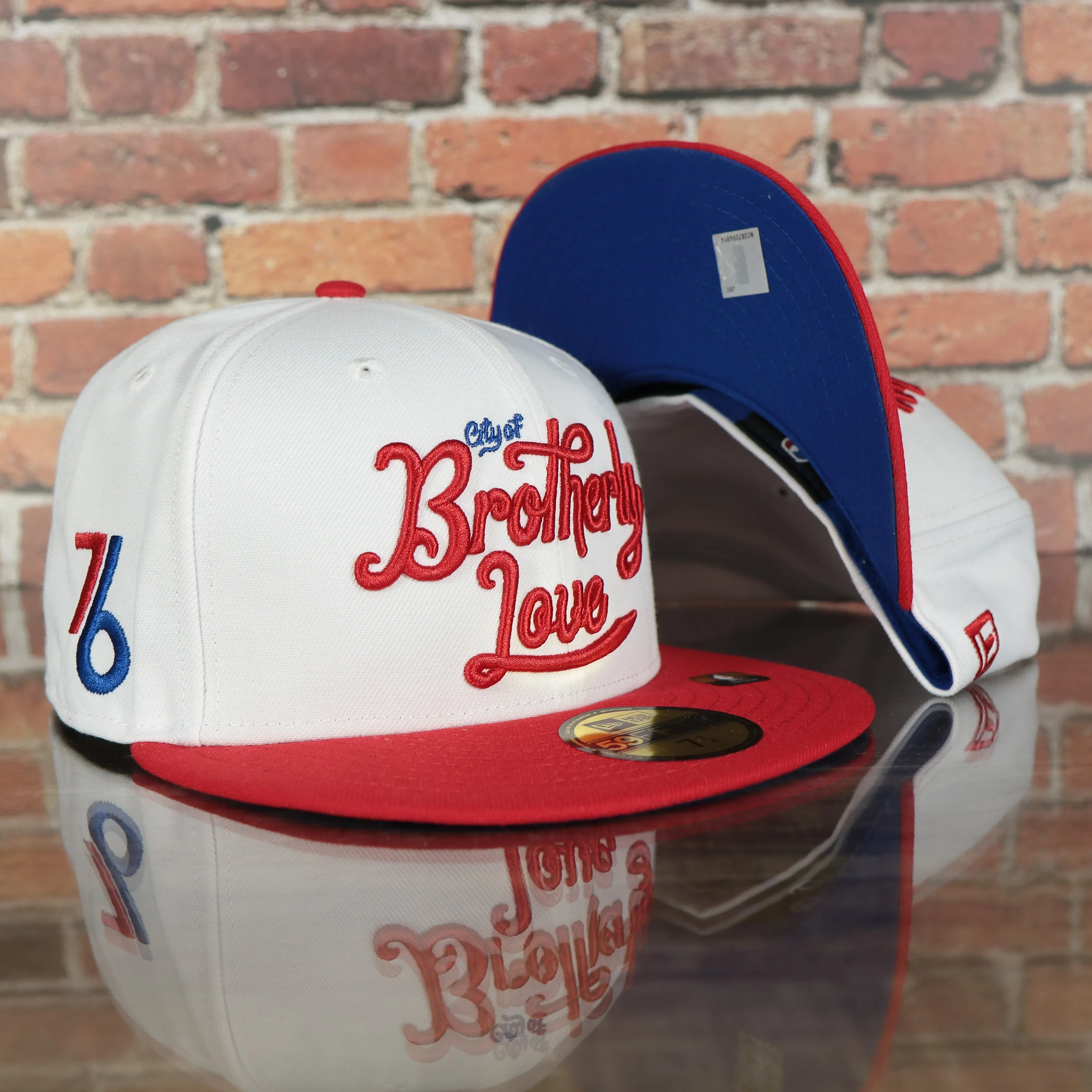 Philadelphia 76ers 2022 City Edition City Of Brotherly Love Blue Bottom 59Fifty Side Patch Fitted Cap | New Era, White