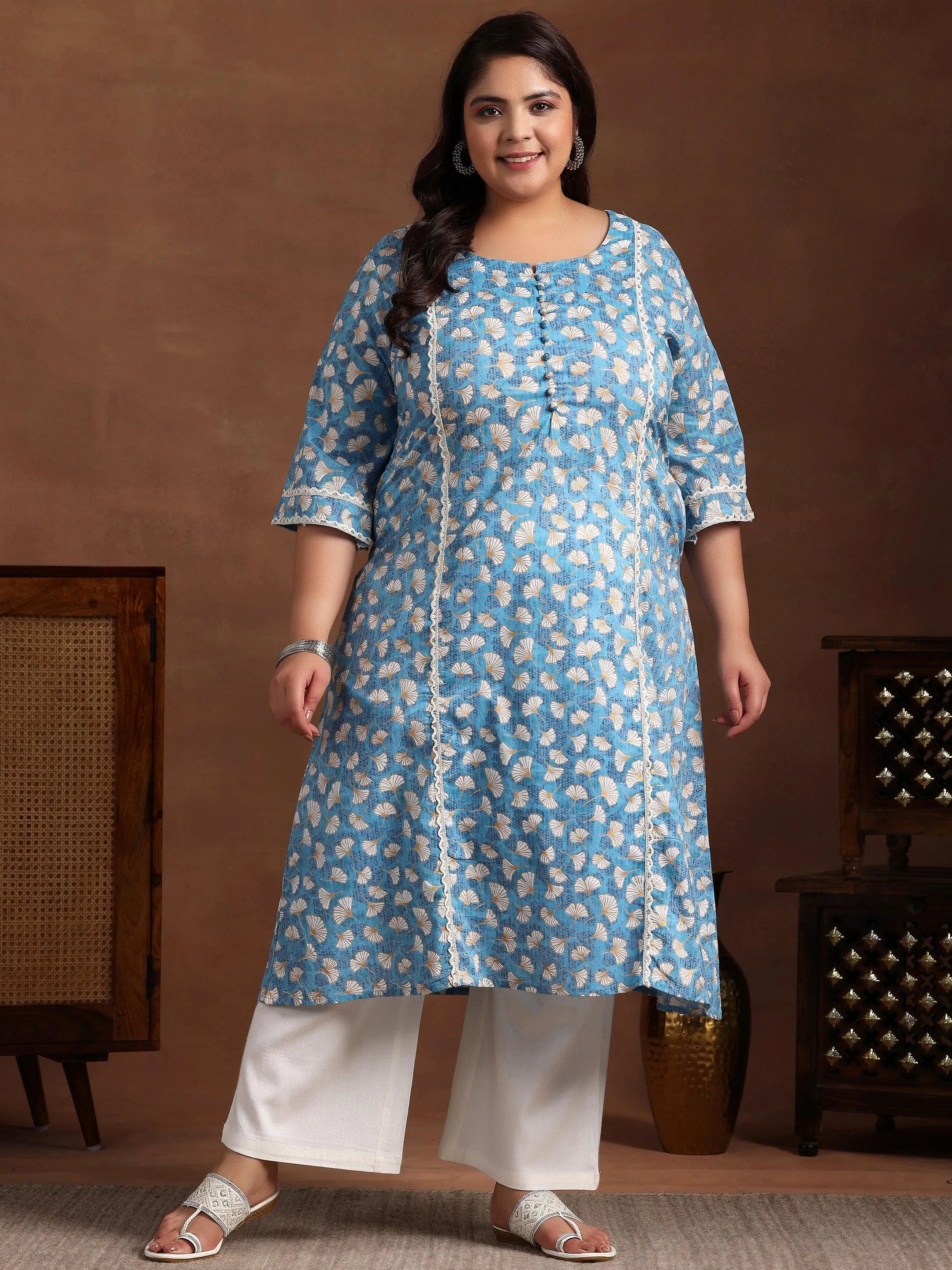 Plus Size Blue Printed Cotton A-Line Kurta