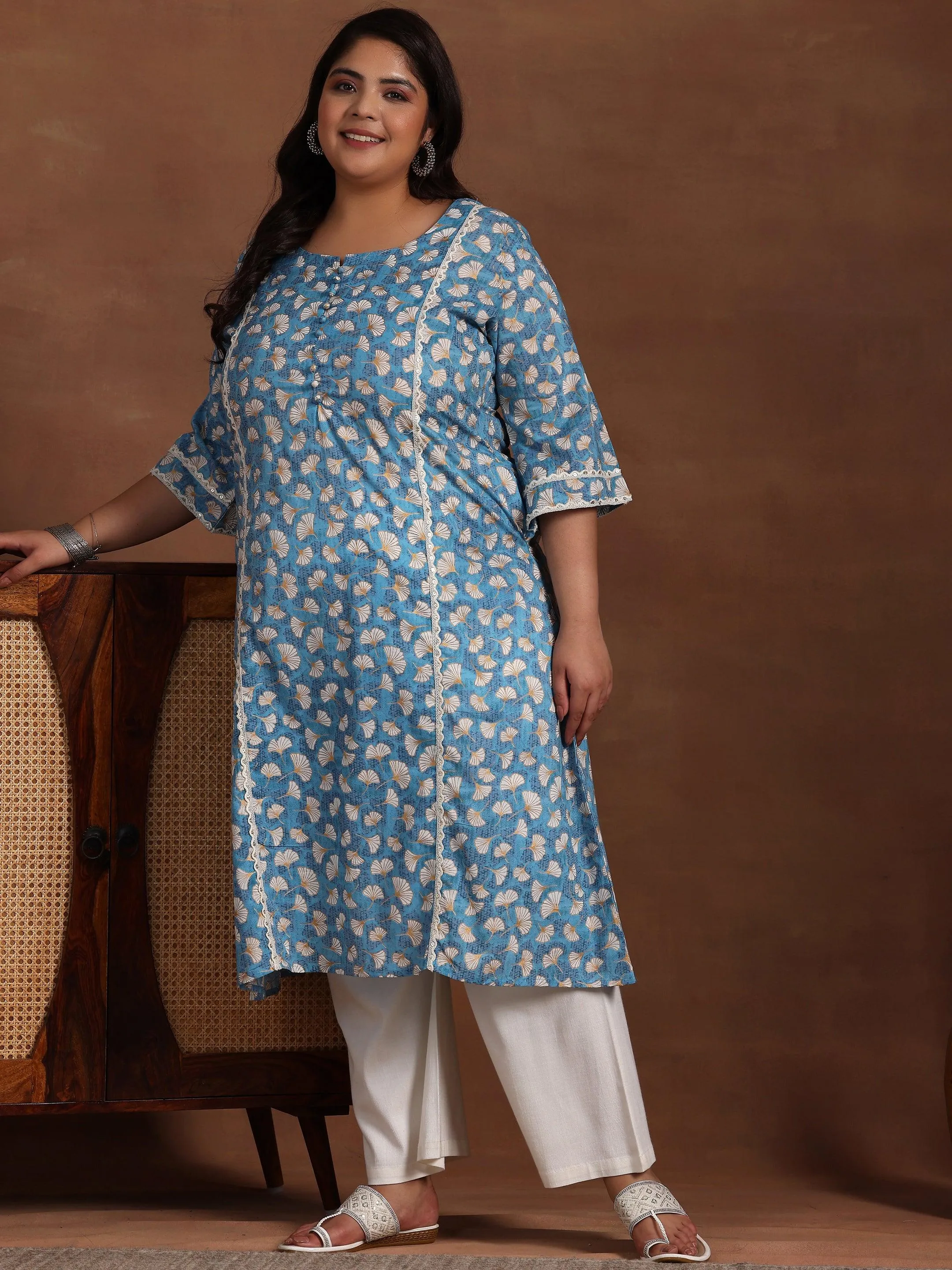 Plus Size Blue Printed Cotton A-Line Kurta