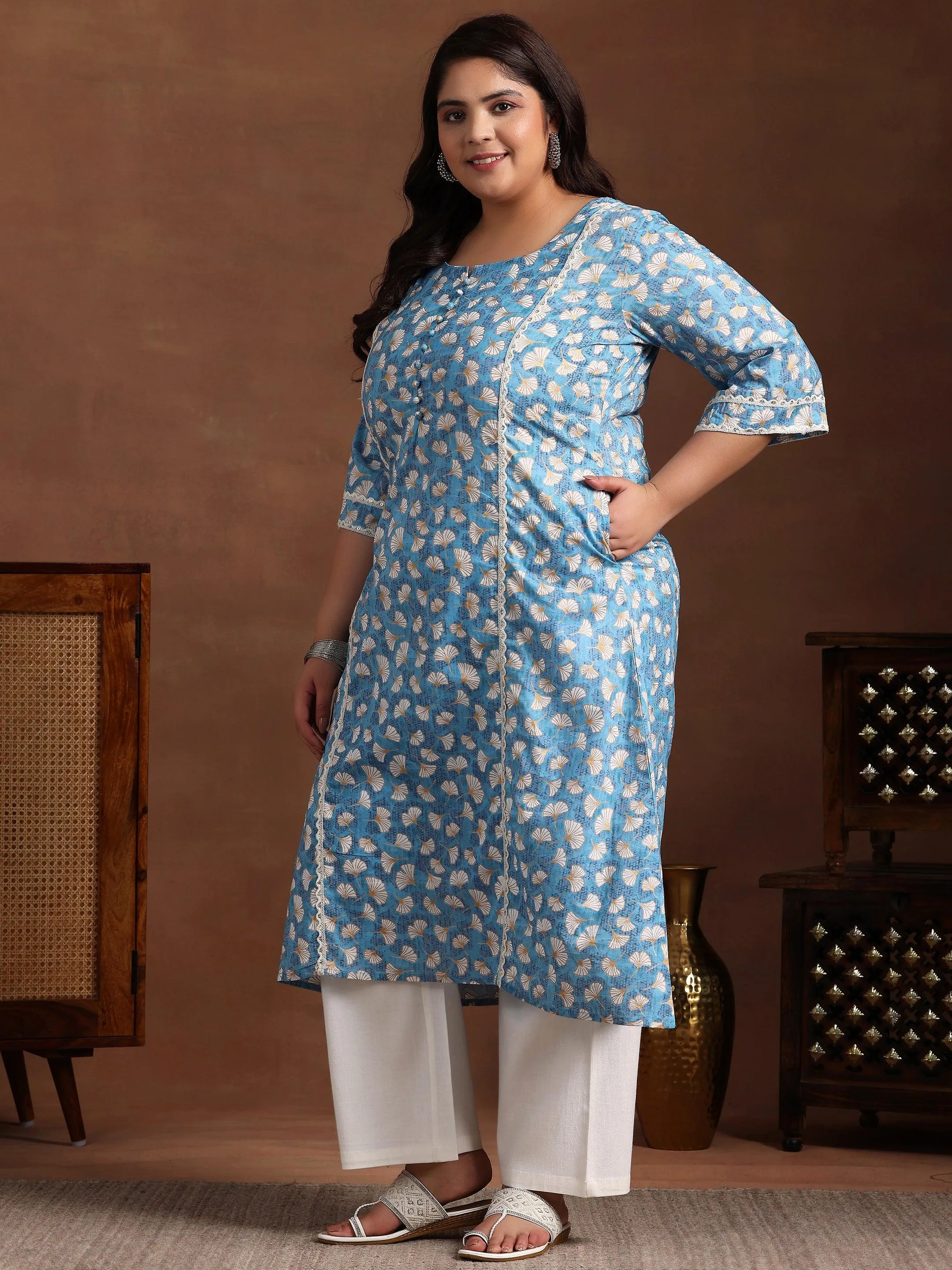 Plus Size Blue Printed Cotton A-Line Kurta