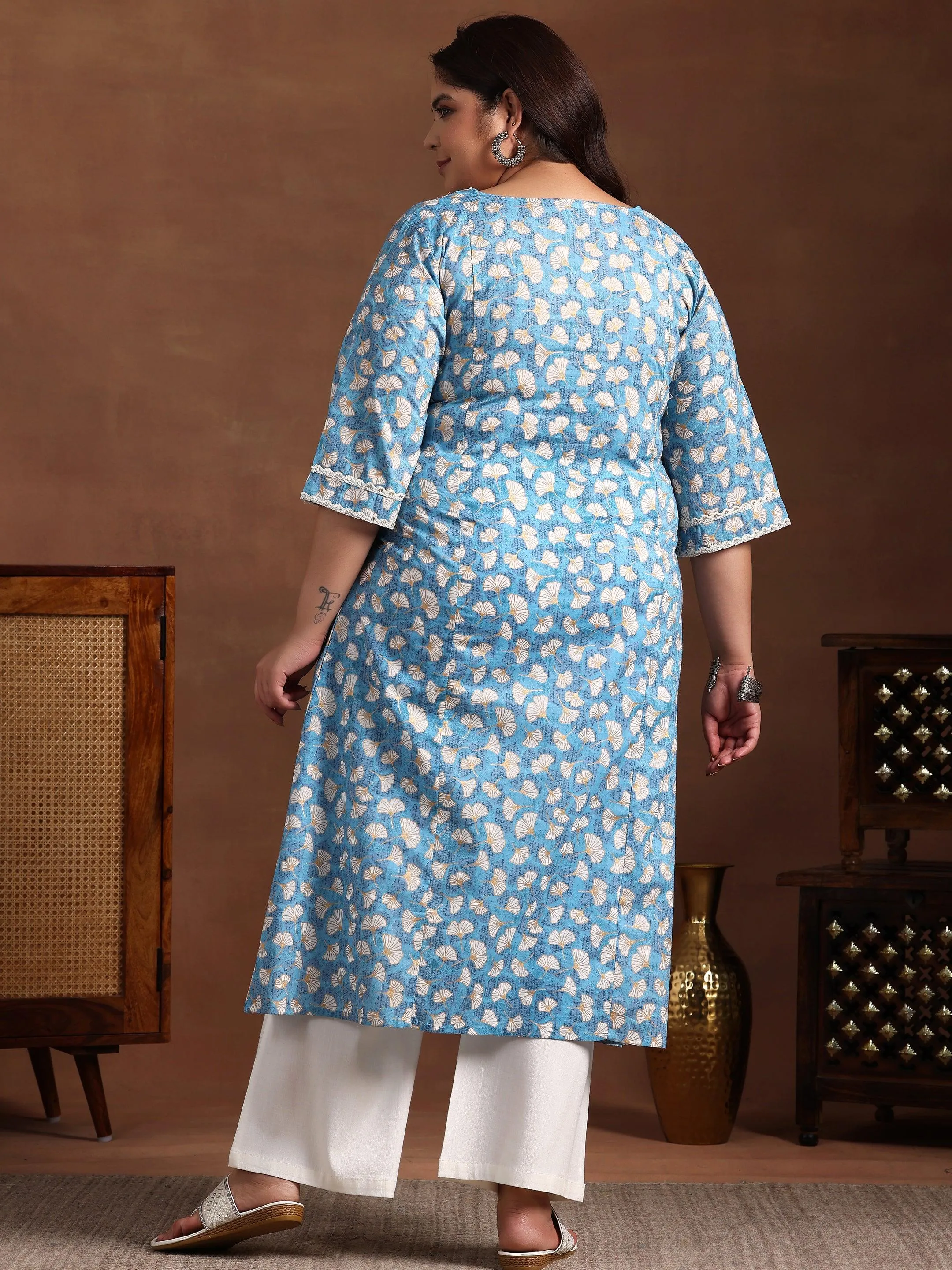 Plus Size Blue Printed Cotton A-Line Kurta