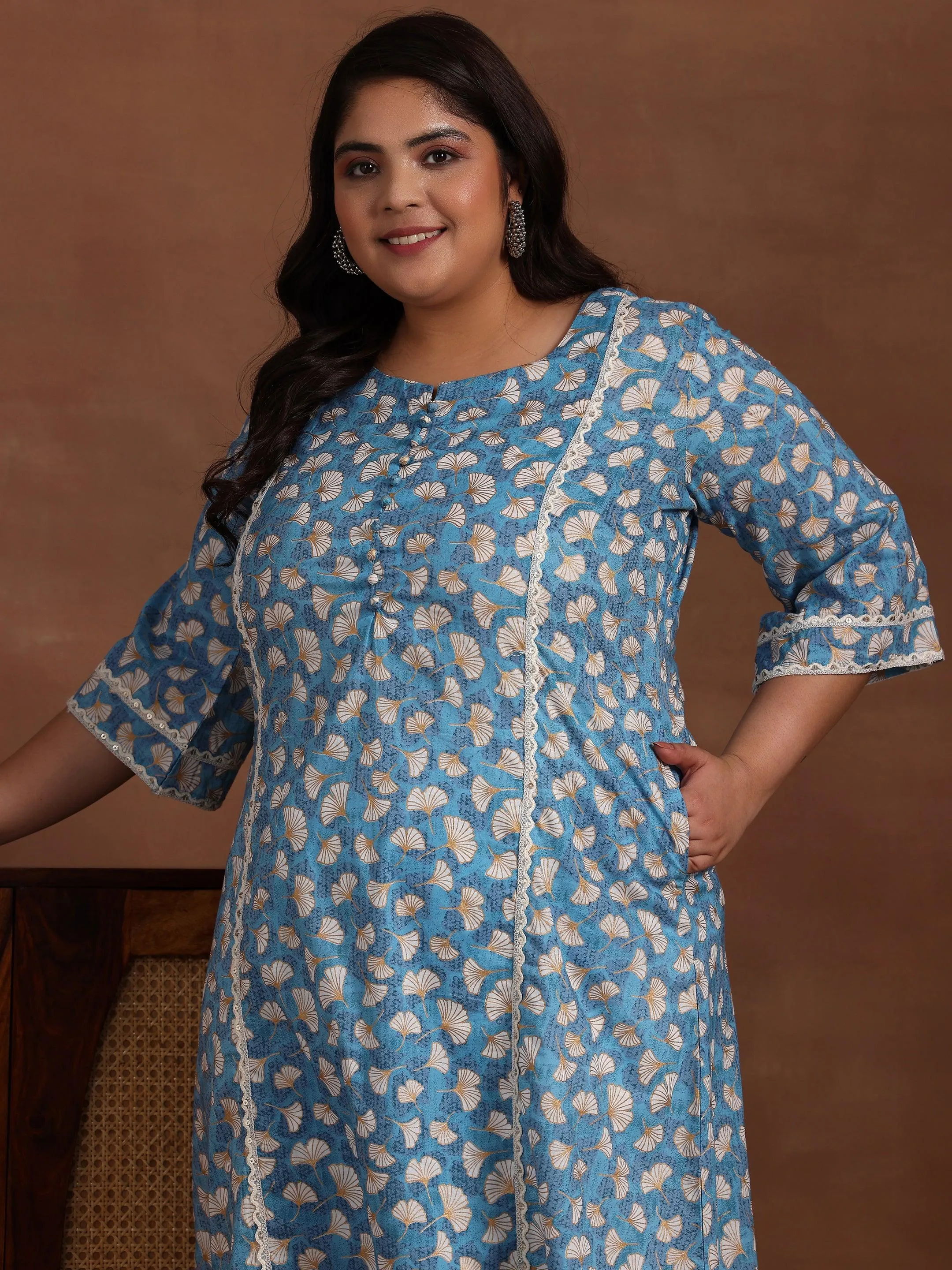 Plus Size Blue Printed Cotton A-Line Kurta