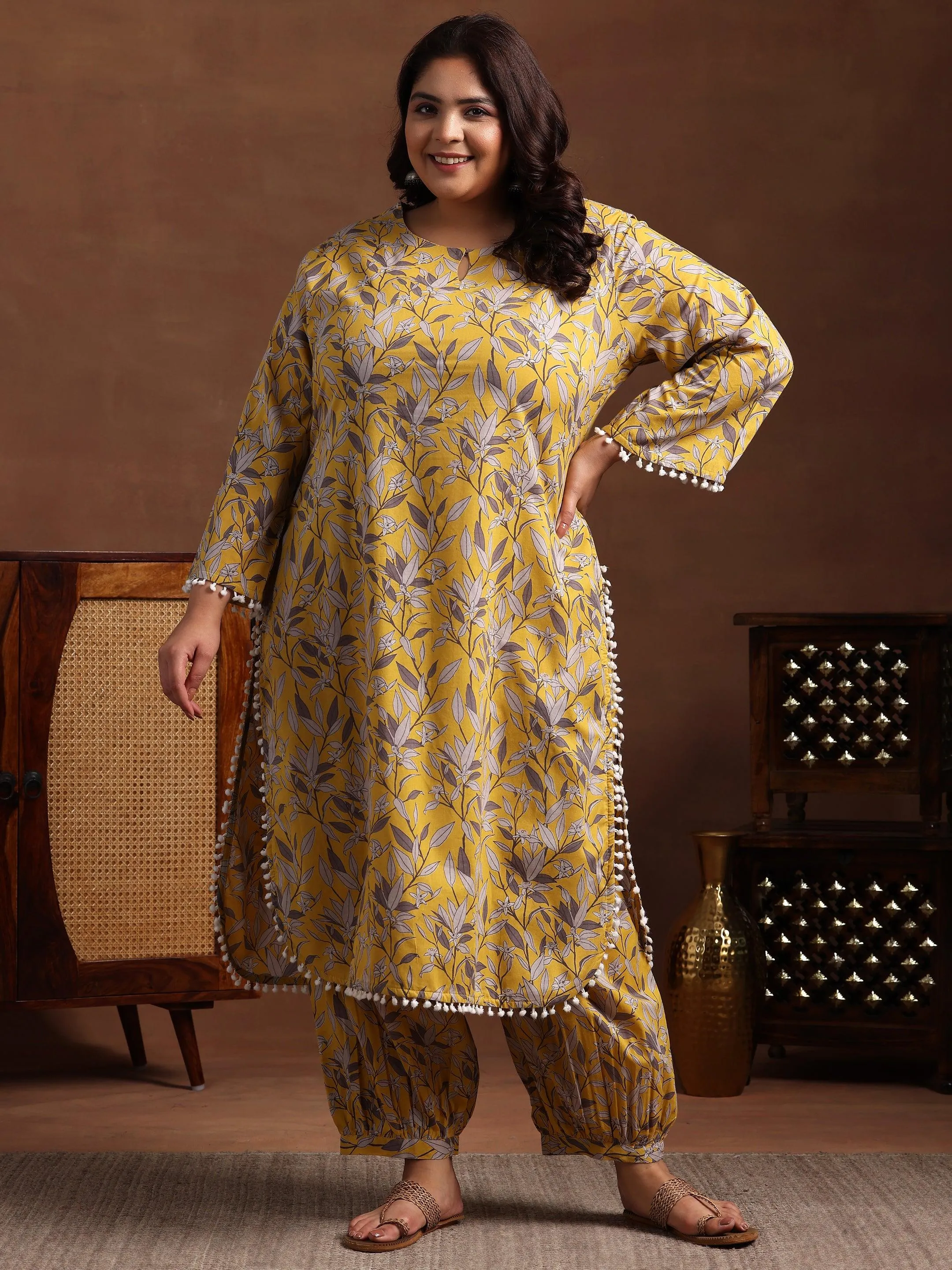 Plus Size Mustard Printed Cotton Pathani Kurta With Salwar