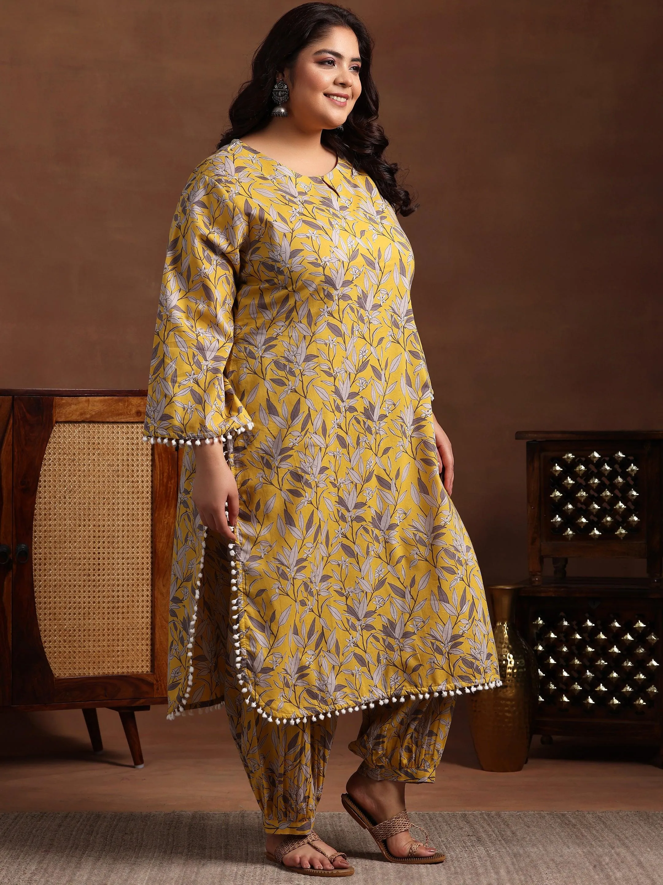 Plus Size Mustard Printed Cotton Pathani Kurta With Salwar