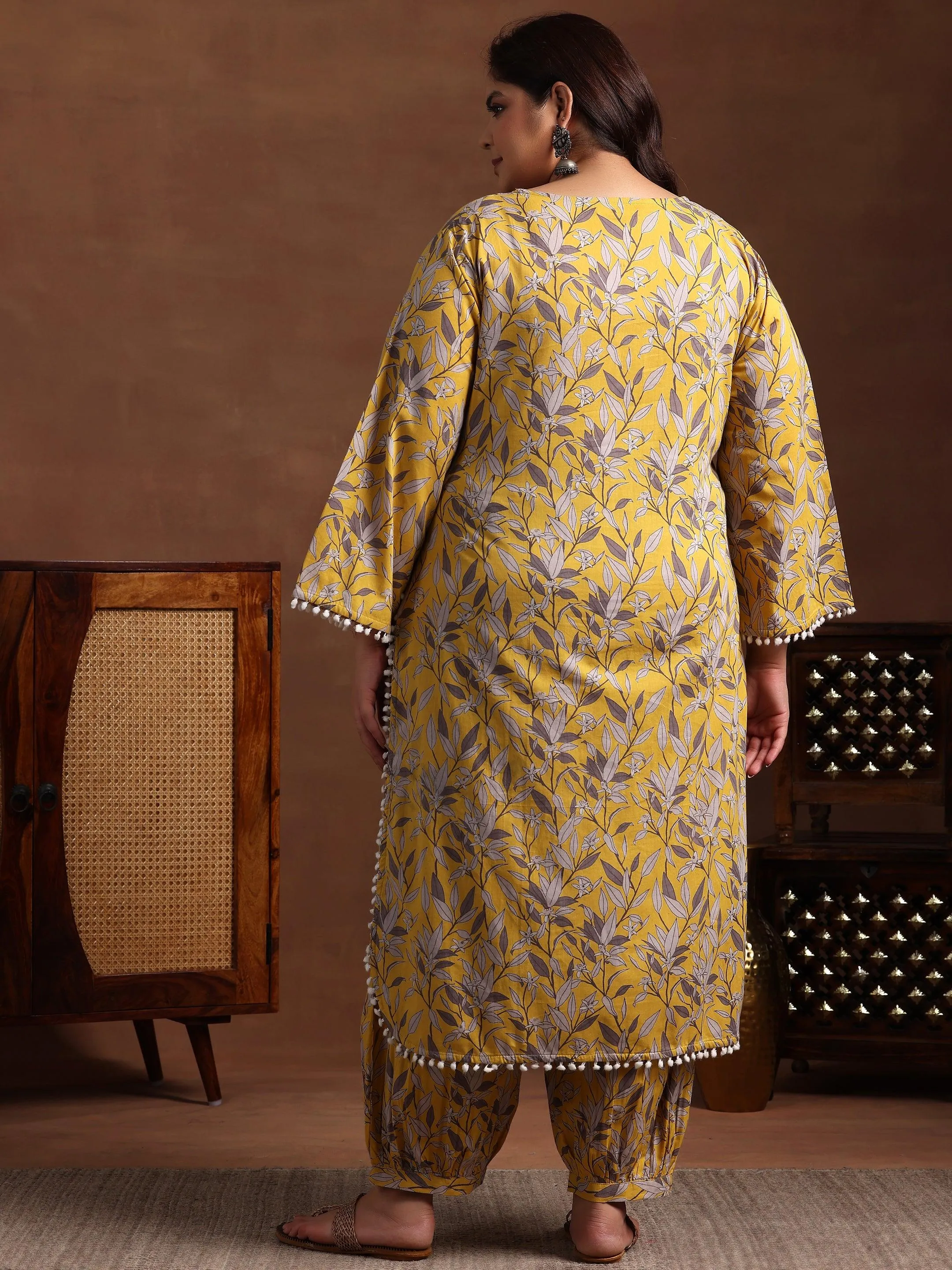 Plus Size Mustard Printed Cotton Pathani Kurta With Salwar