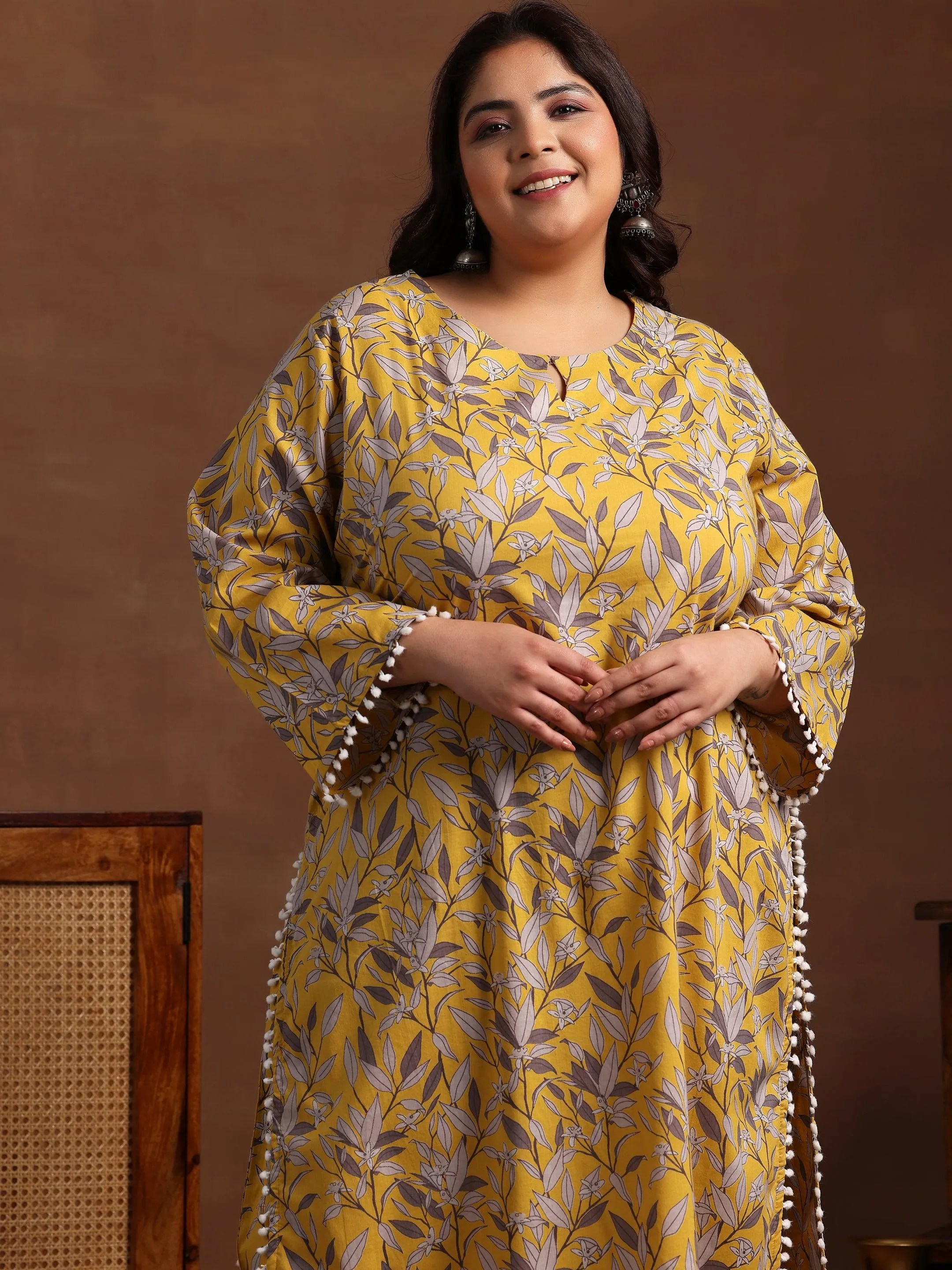 Plus Size Mustard Printed Cotton Pathani Kurta With Salwar