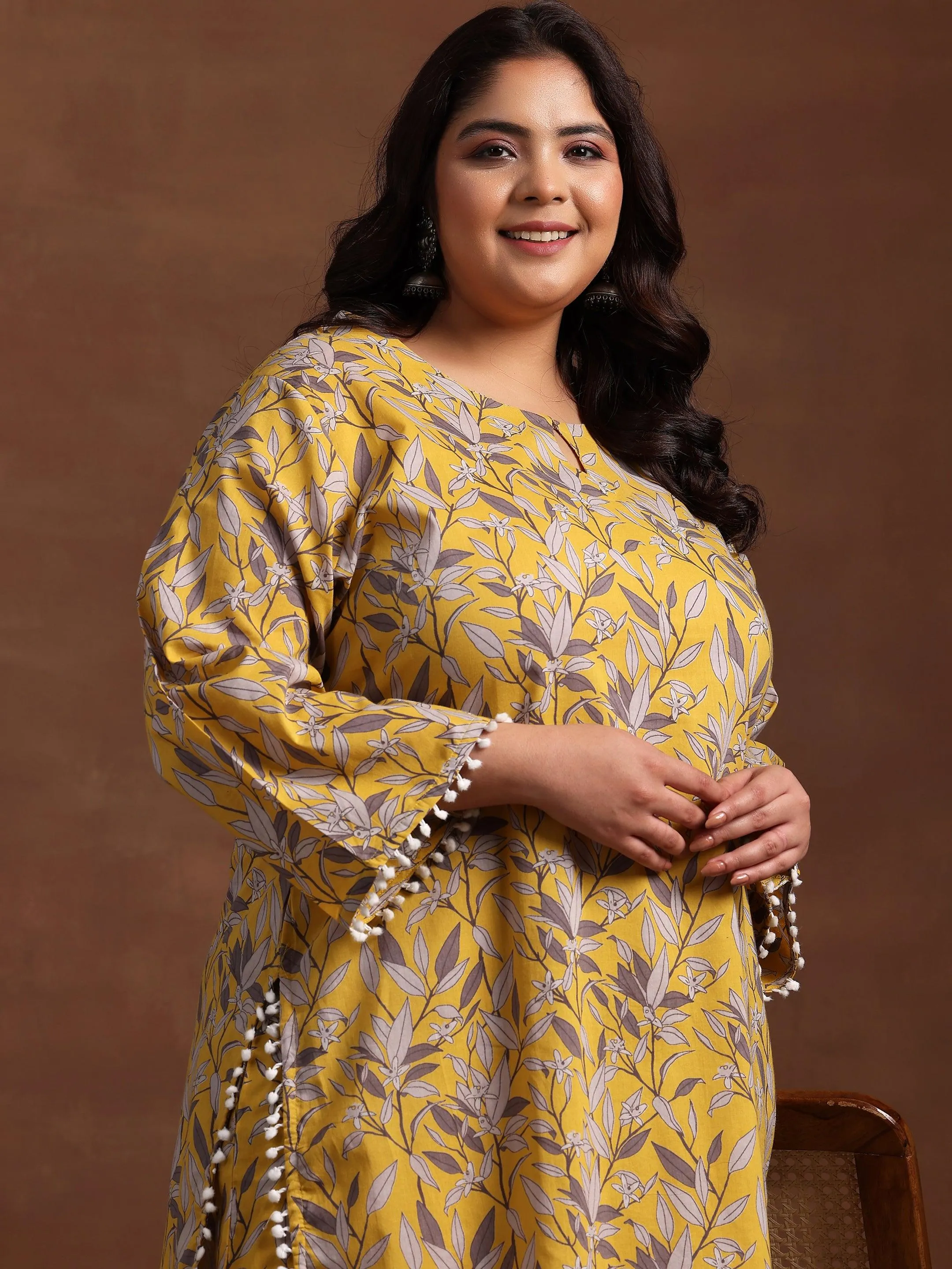 Plus Size Mustard Printed Cotton Pathani Kurta With Salwar