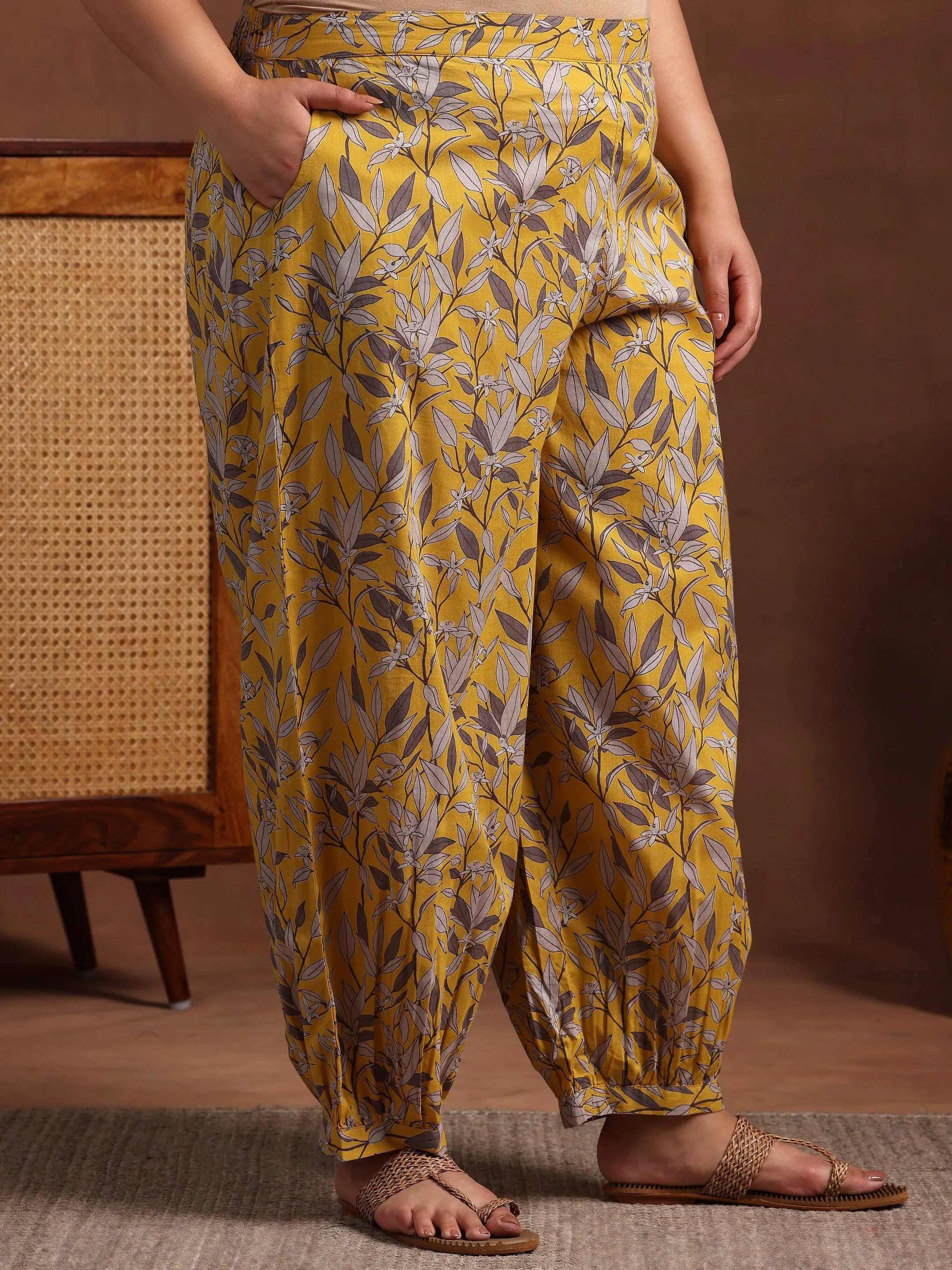 Plus Size Mustard Printed Cotton Pathani Kurta With Salwar