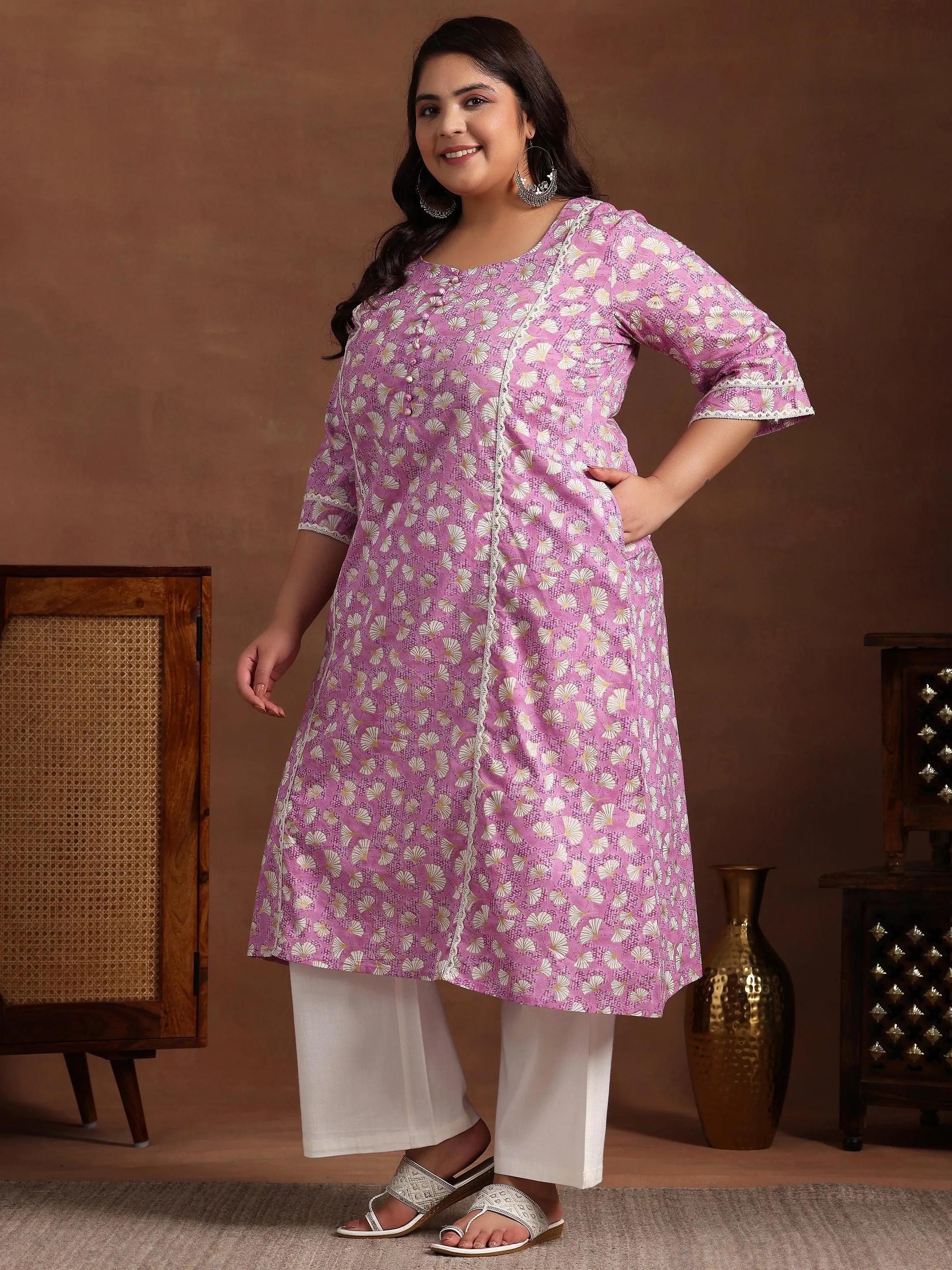 Plus Size Purple Printed Cotton A-Line Kurta