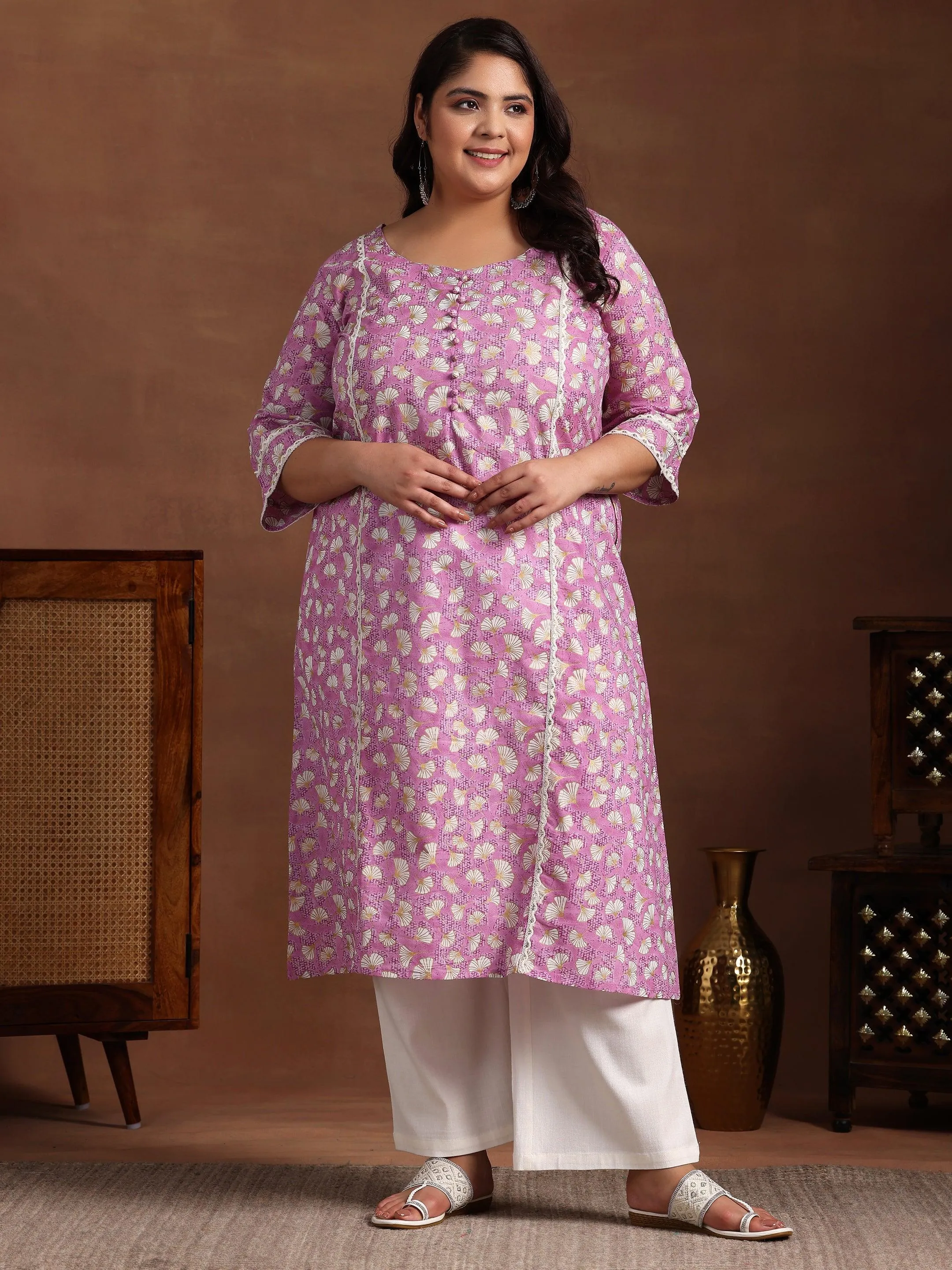 Plus Size Purple Printed Cotton A-Line Kurta