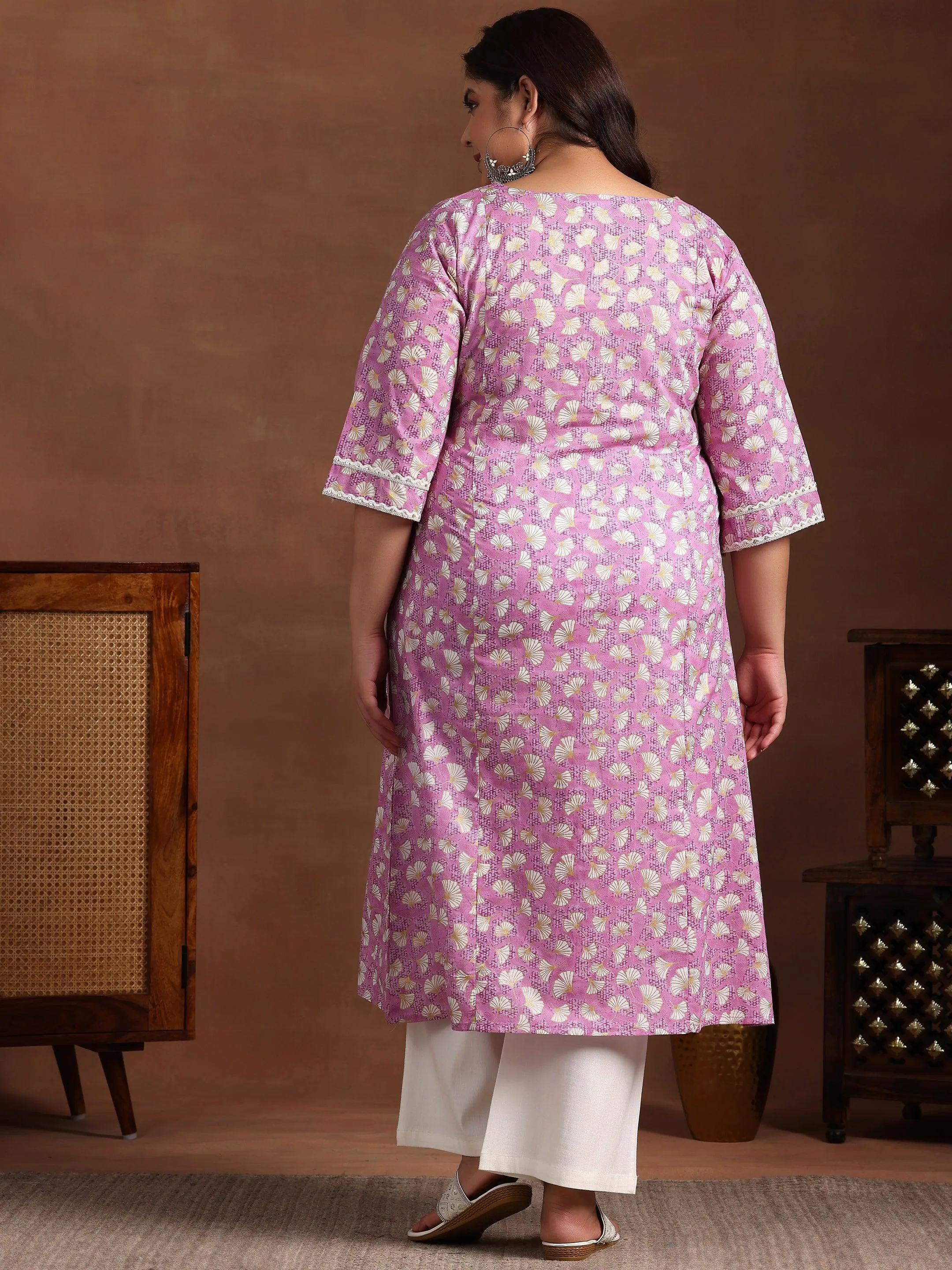 Plus Size Purple Printed Cotton A-Line Kurta