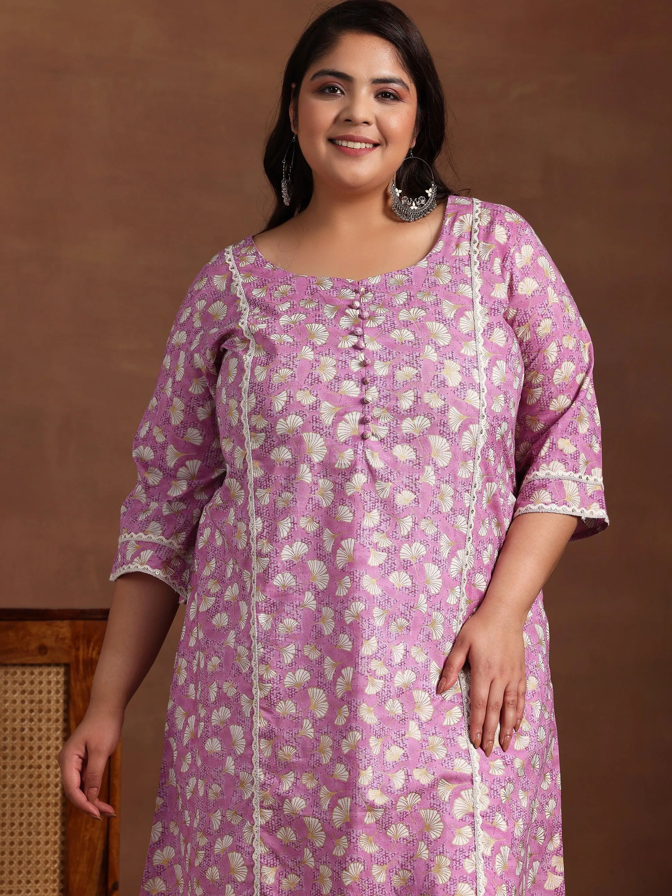 Plus Size Purple Printed Cotton A-Line Kurta