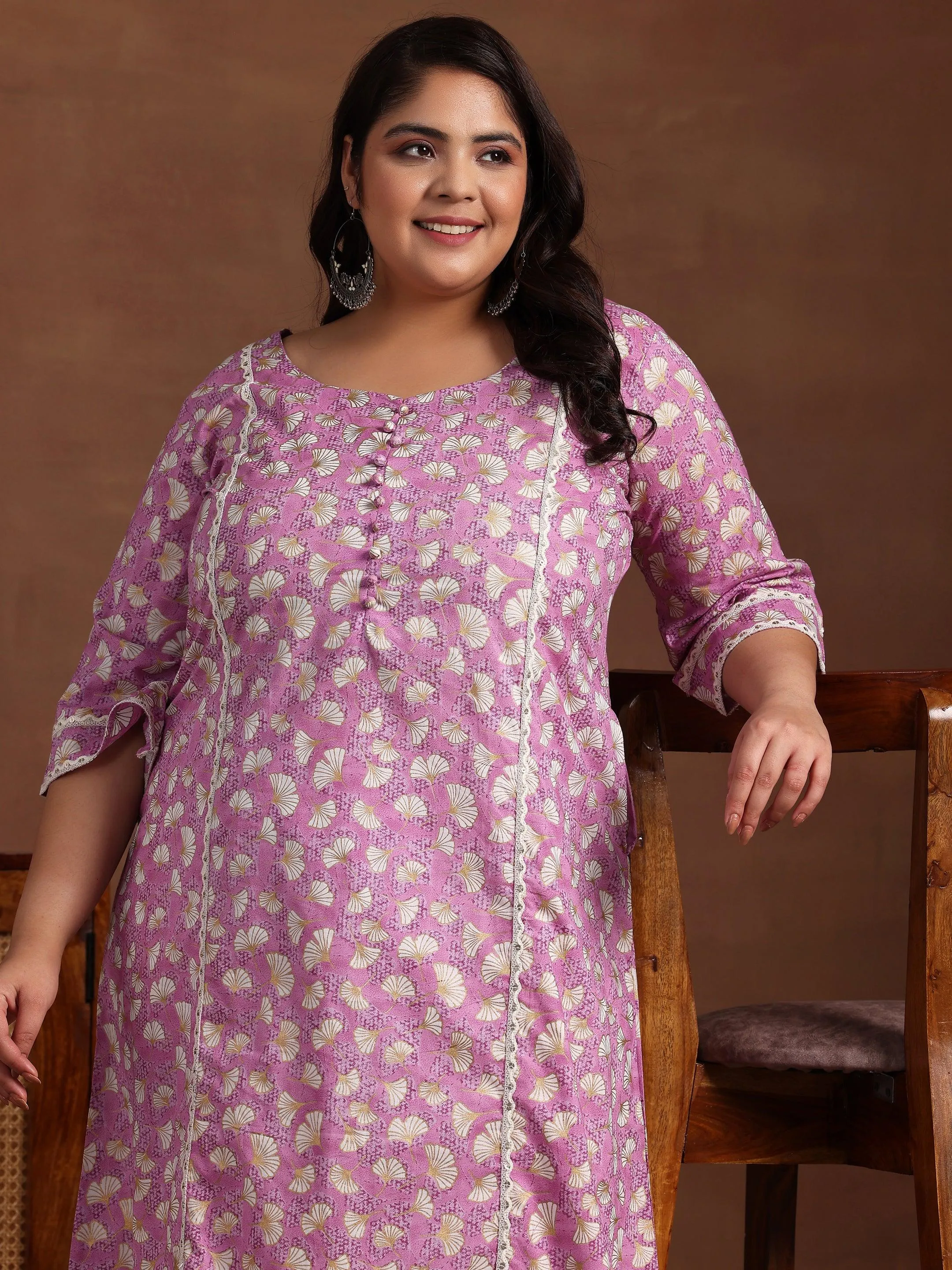 Plus Size Purple Printed Cotton A-Line Kurta