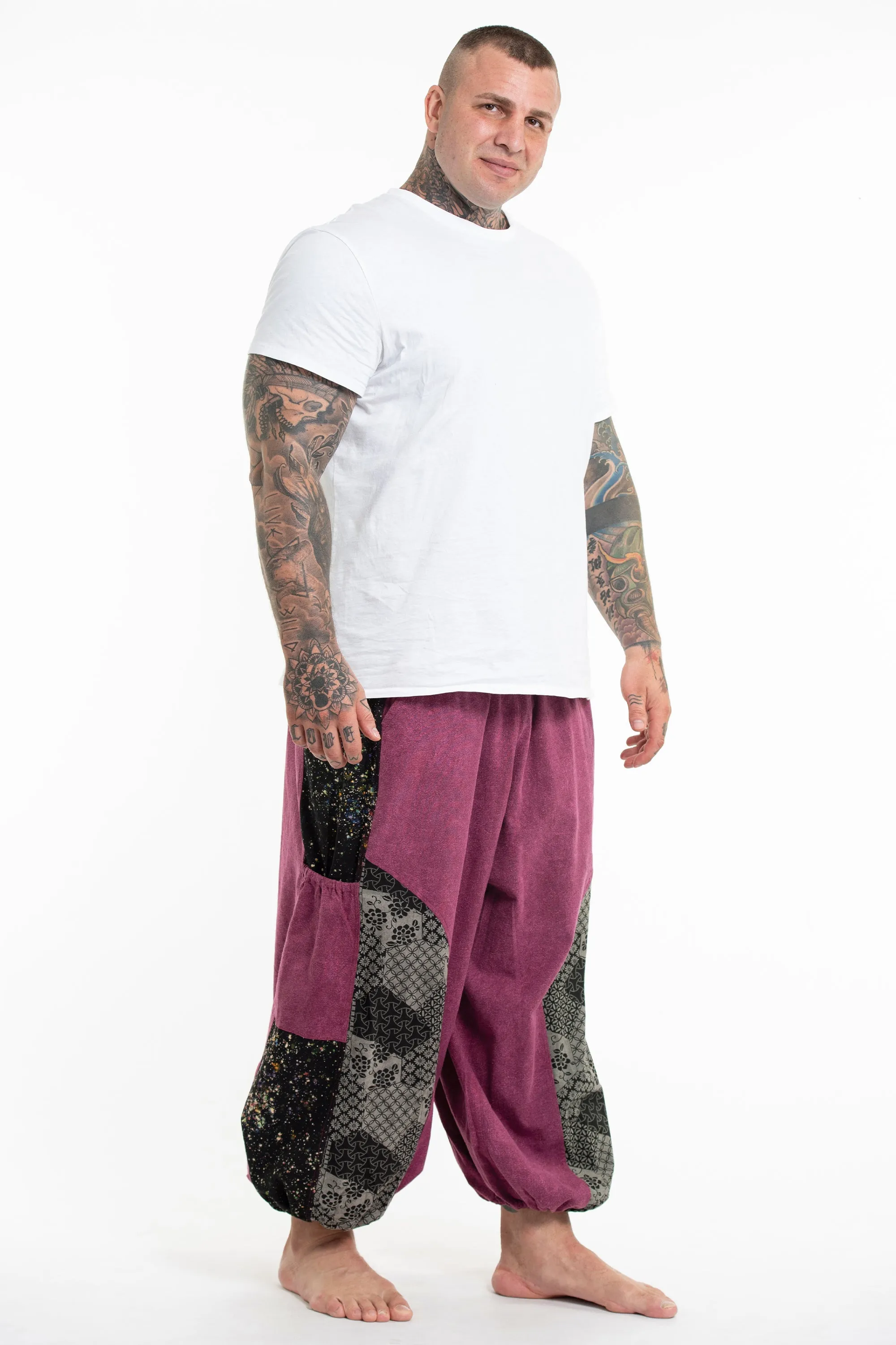 Plus Size Stone Washed Patchwork Men Pants in Pink