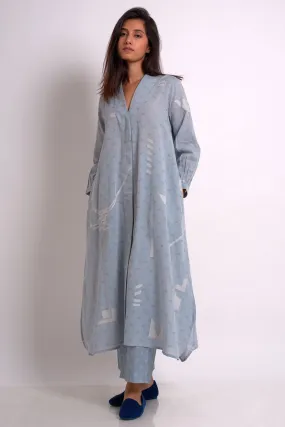 Powder Blue Woven Kurta With Printed Cotton Bottom