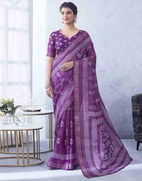 Purple Cotton Printed Saree