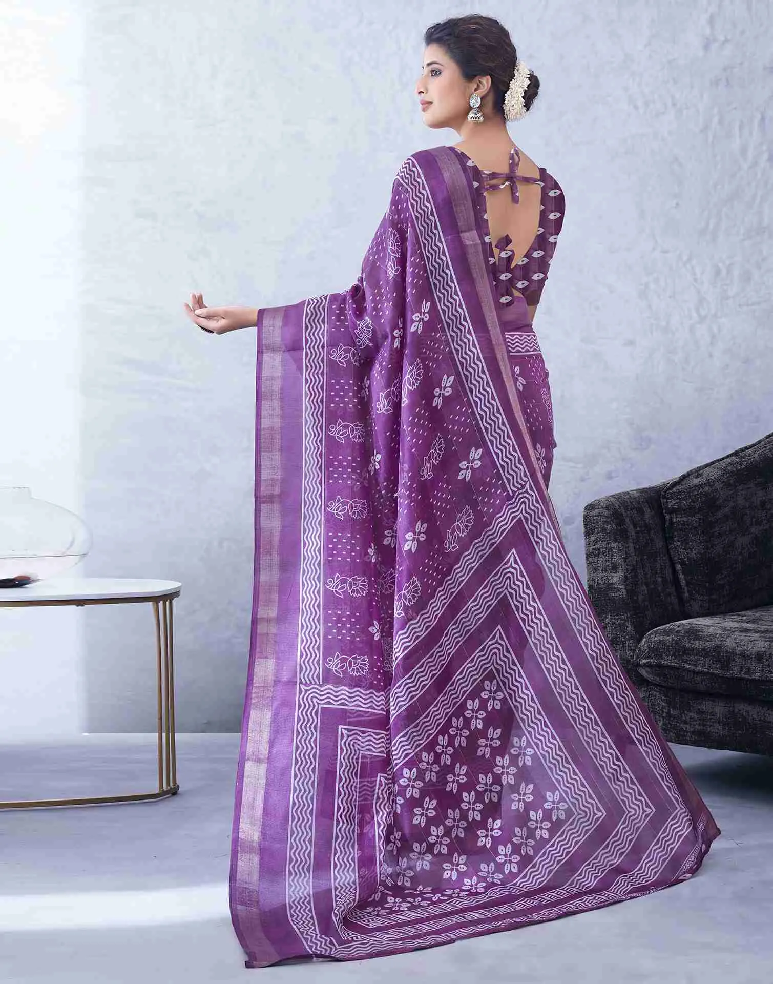 Purple Cotton Printed Saree