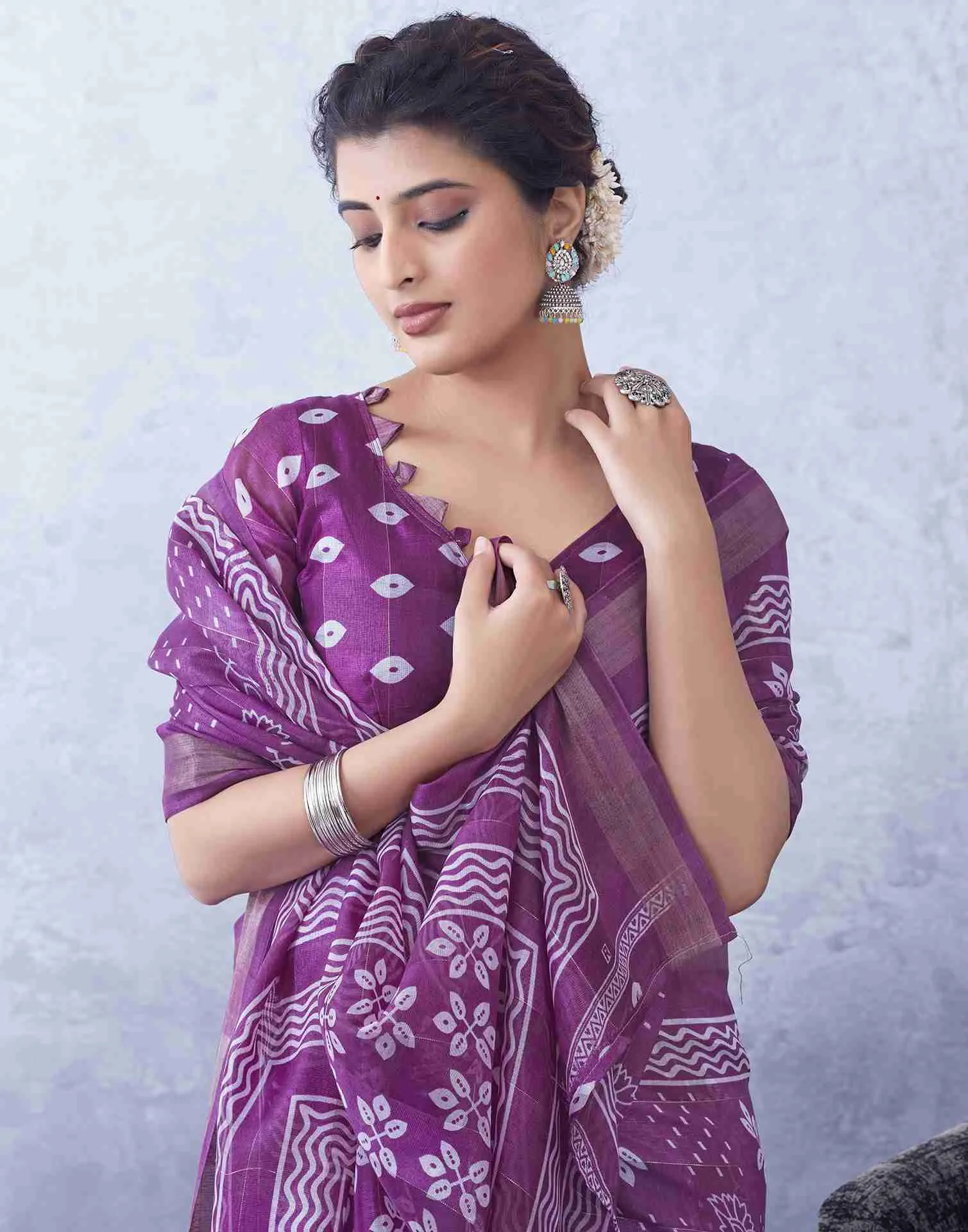 Purple Cotton Printed Saree