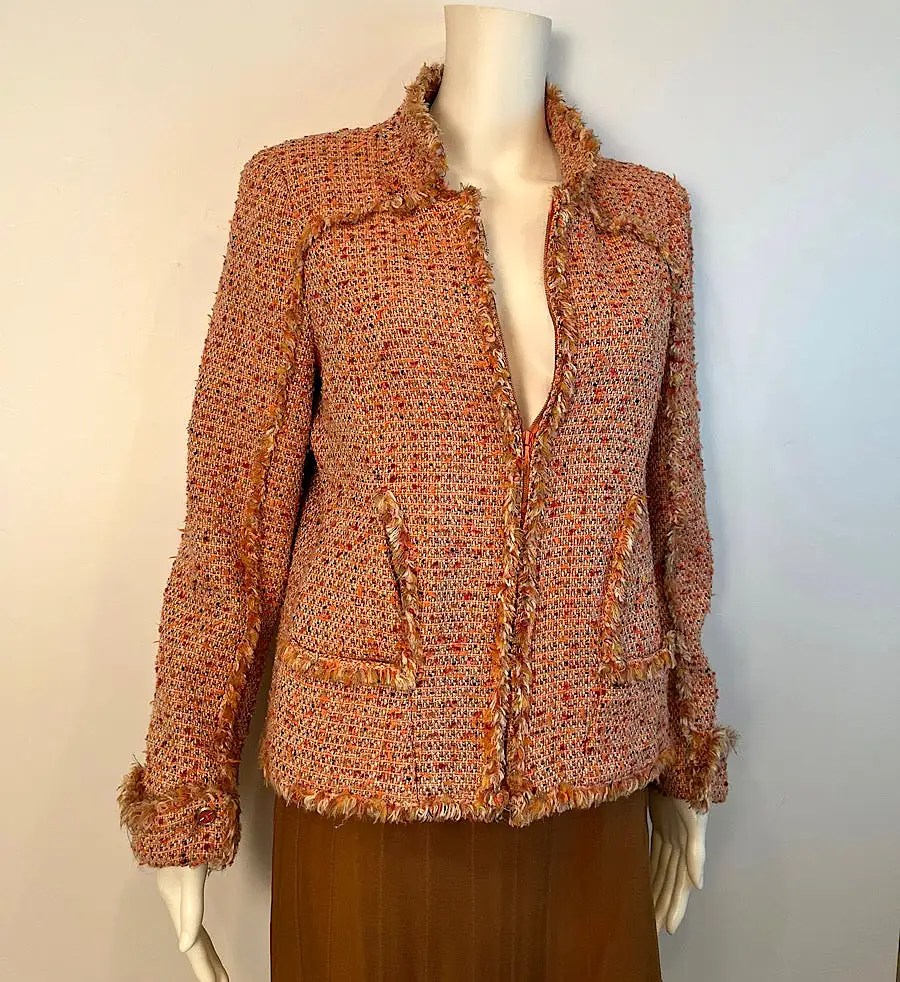 Rare Chanel 04P 2004 Spring Peach Pink Tweed Zip Up Jacket FR 38 US 4/6