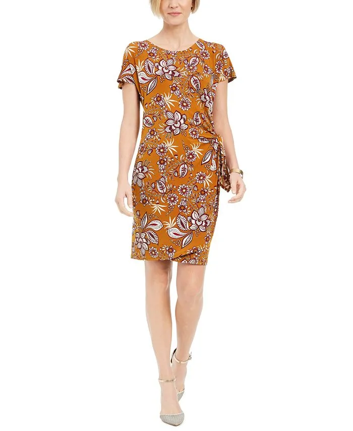 Robbie Bee Women's Printed Faux Wrap Dress Yellow Size Petite Small