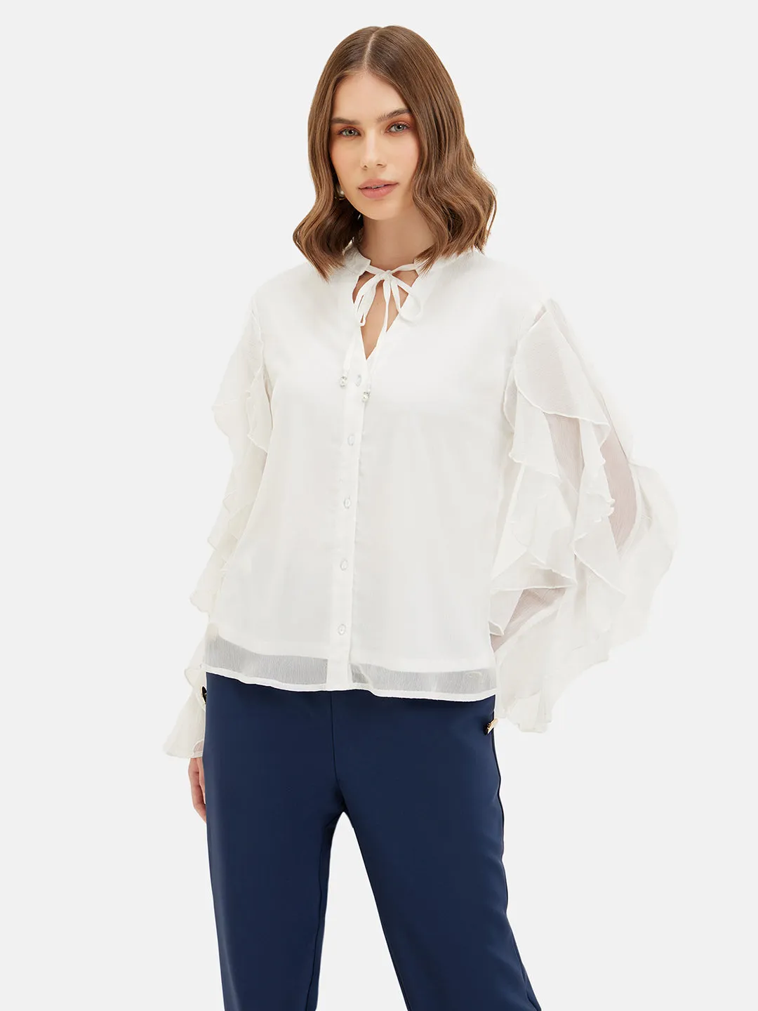 SAGE RUFFLED SLEEVE SHIRT