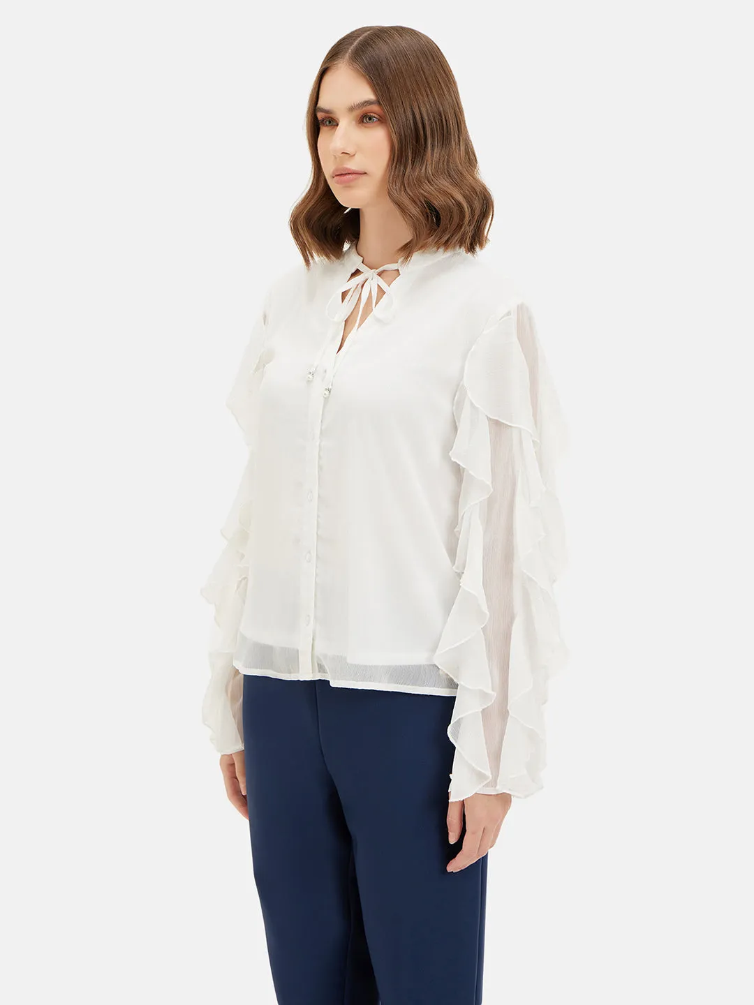 SAGE RUFFLED SLEEVE SHIRT