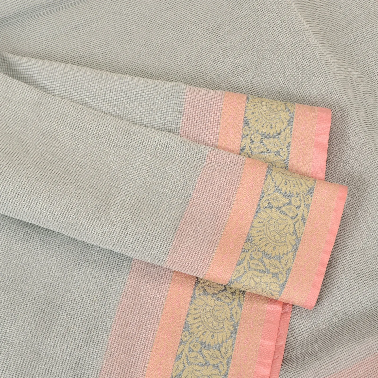 Sanskriti Vintage Cream Indian Sarees Blend Cotton Woven Zari Sari 5 YD Fabric