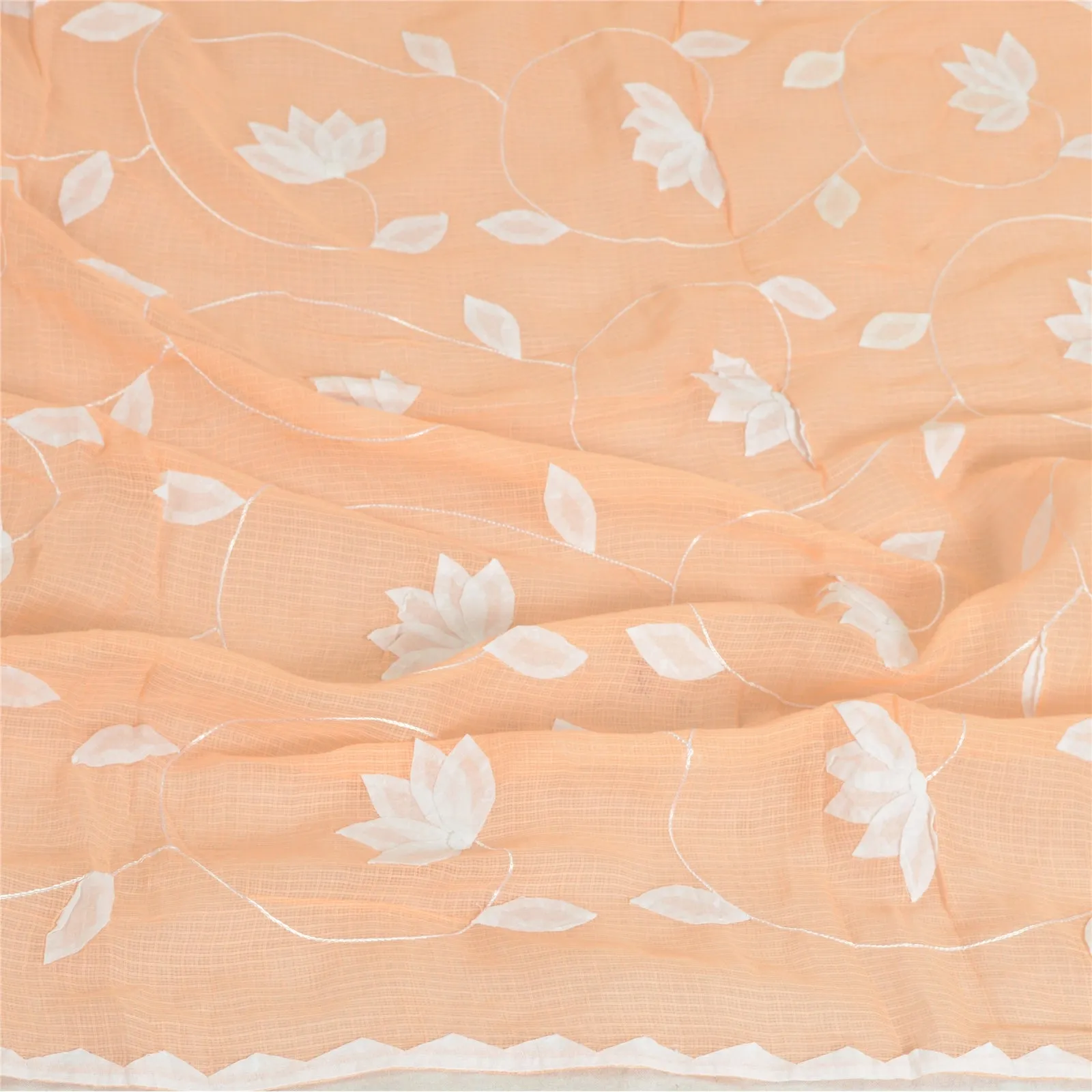 Sanskriti Vintage Long Dupatta Stole Pure Cotton Peach Handmade Woven Kota Doria