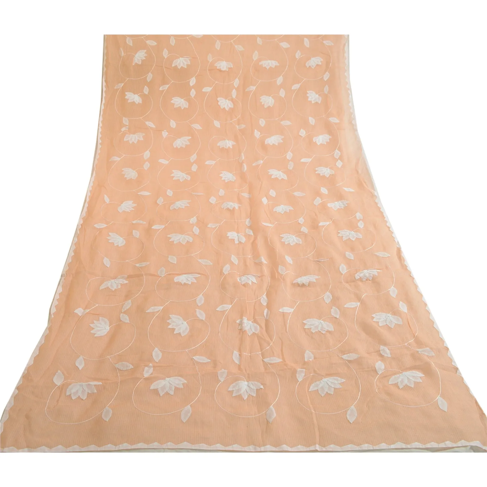 Sanskriti Vintage Long Dupatta Stole Pure Cotton Peach Handmade Woven Kota Doria