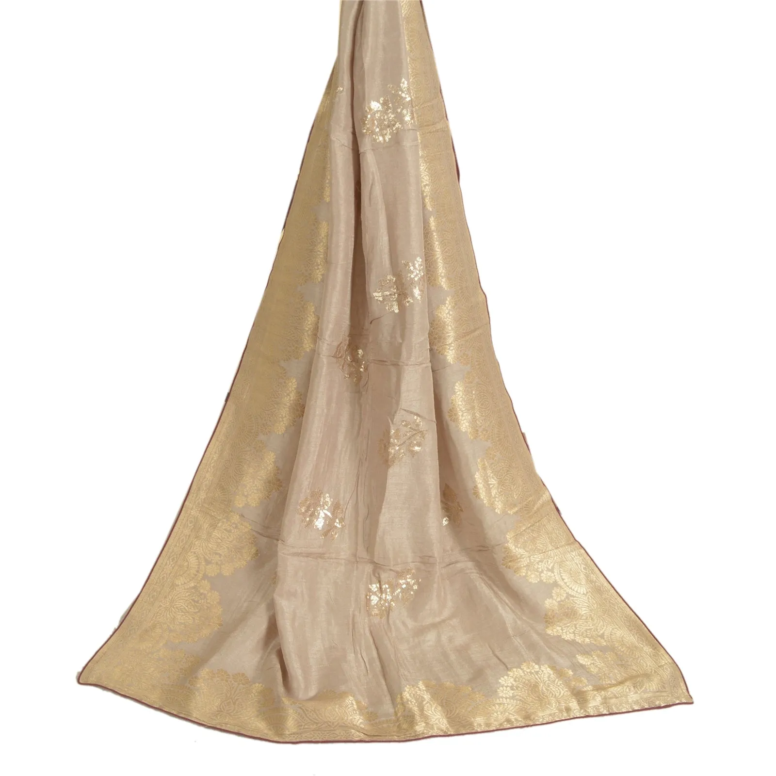 Sanskriti Vintage Long Pale Cream Dupatta/Stole Cotton Silk Woven Brocade Hijab