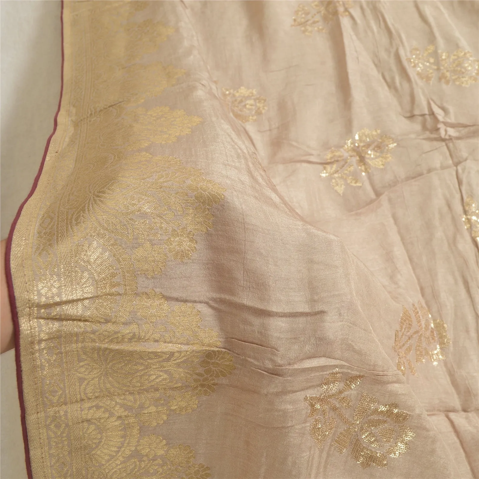 Sanskriti Vintage Long Pale Cream Dupatta/Stole Cotton Silk Woven Brocade Hijab