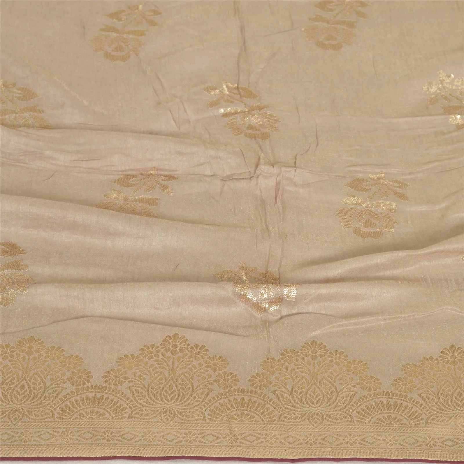 Sanskriti Vintage Long Pale Cream Dupatta/Stole Cotton Silk Woven Brocade Hijab