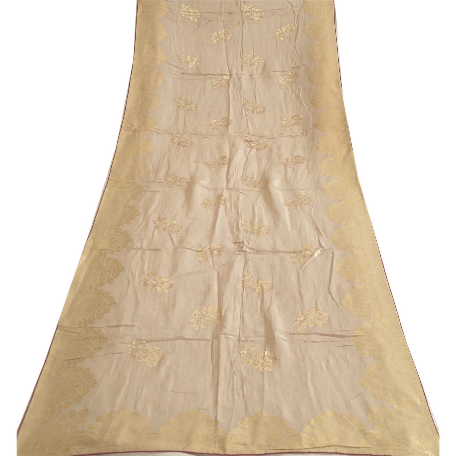 Sanskriti Vintage Long Pale Cream Dupatta/Stole Cotton Silk Woven Brocade Hijab