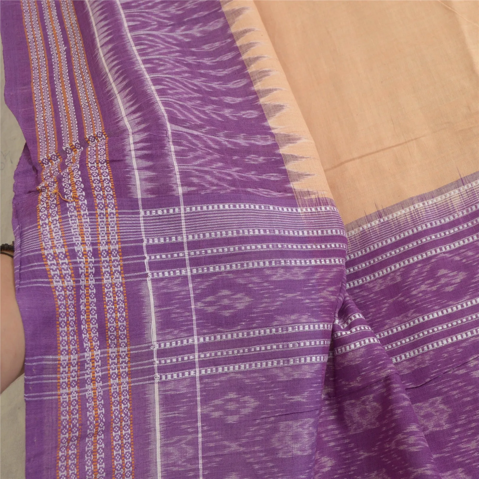 Sanskriti Vintage Long Stole Pure Cotton Woven Sambalpuri Ikat Purple/Cream Veil