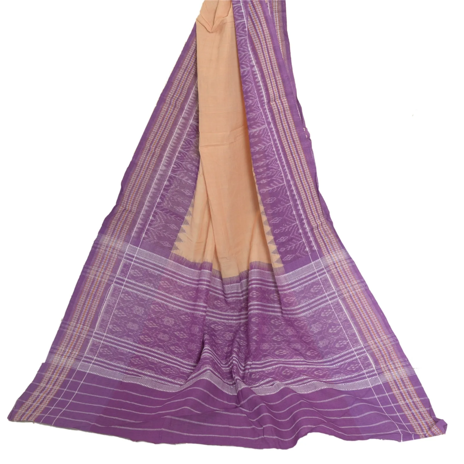 Sanskriti Vintage Long Stole Pure Cotton Woven Sambalpuri Ikat Purple/Cream Veil