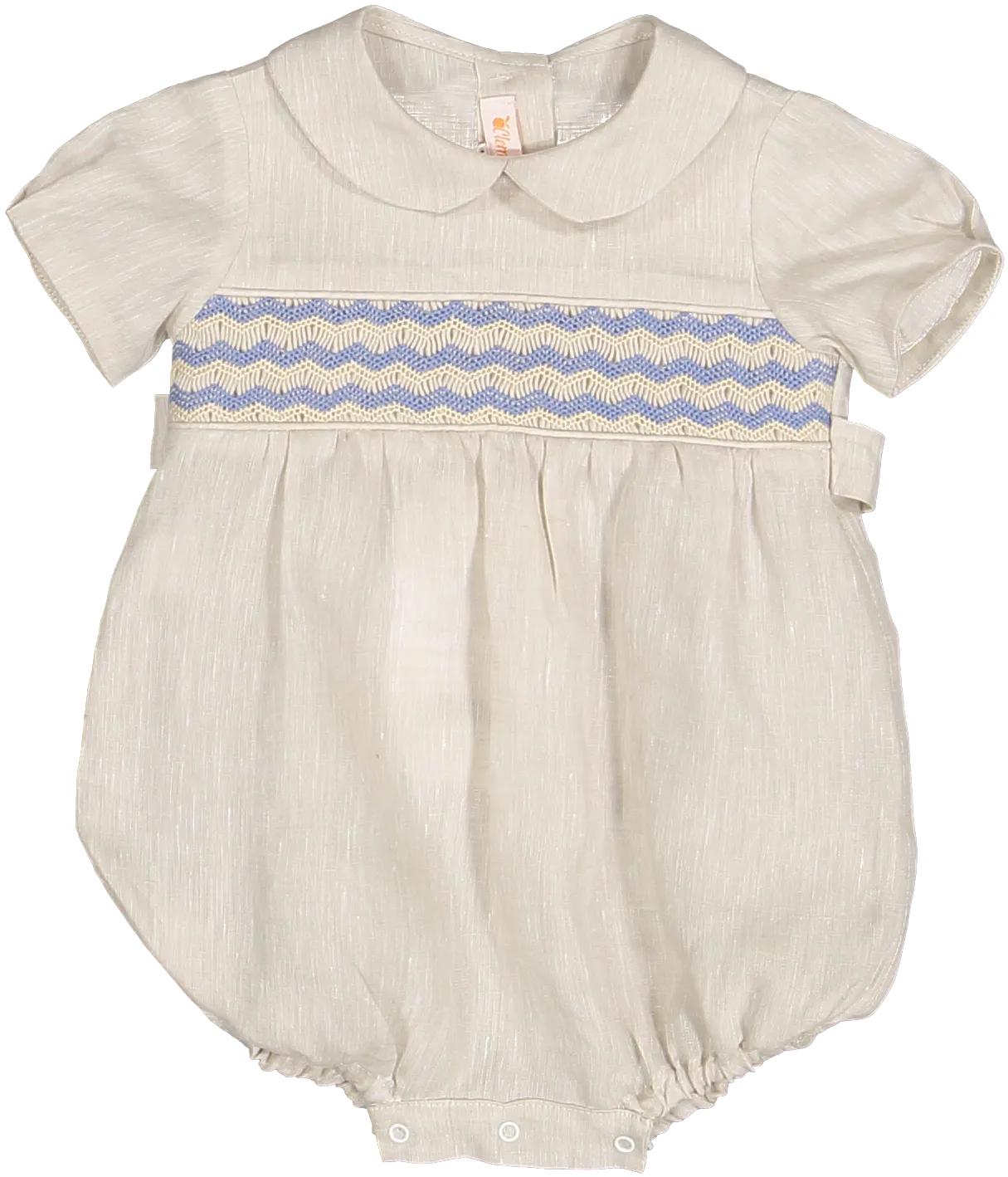 SMOCKED BABY ROMPER IN ECRU LINEN