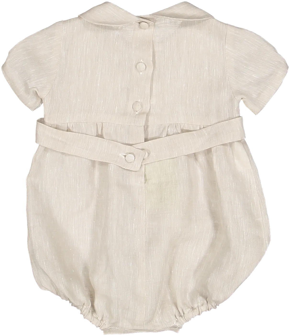 SMOCKED BABY ROMPER IN ECRU LINEN