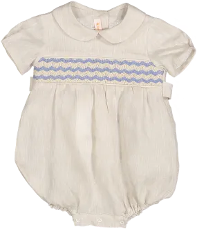 SMOCKED BABY ROMPER IN ECRU LINEN