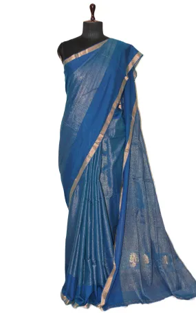 Soft Authentic Pure Cotton Woven Tanchui Saree in Prussian Blue and Gold