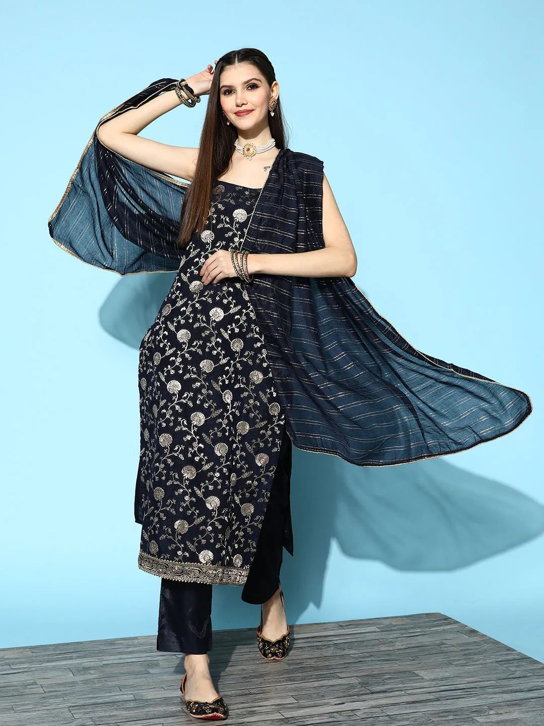 Sunehri Women's Cotton Blend Navy Blue Woven Design Kurta Trouser Dupatta Set