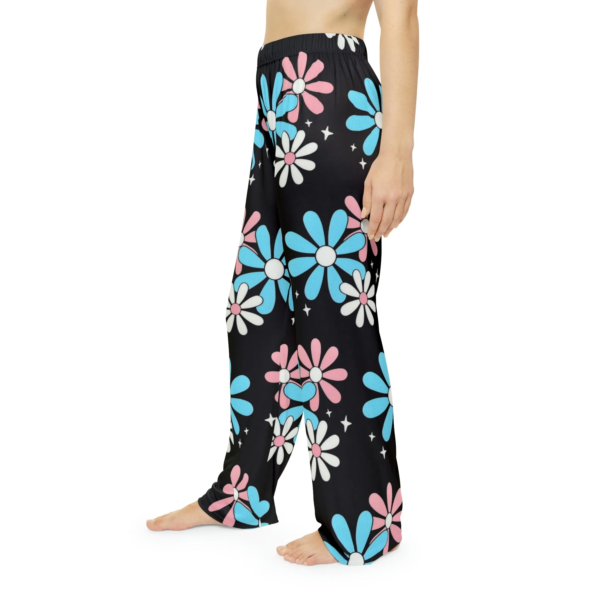 Teen - Plus Size Blue Pink White Big Daisies Black Soft Comfy Pajama Style Lounge Pants