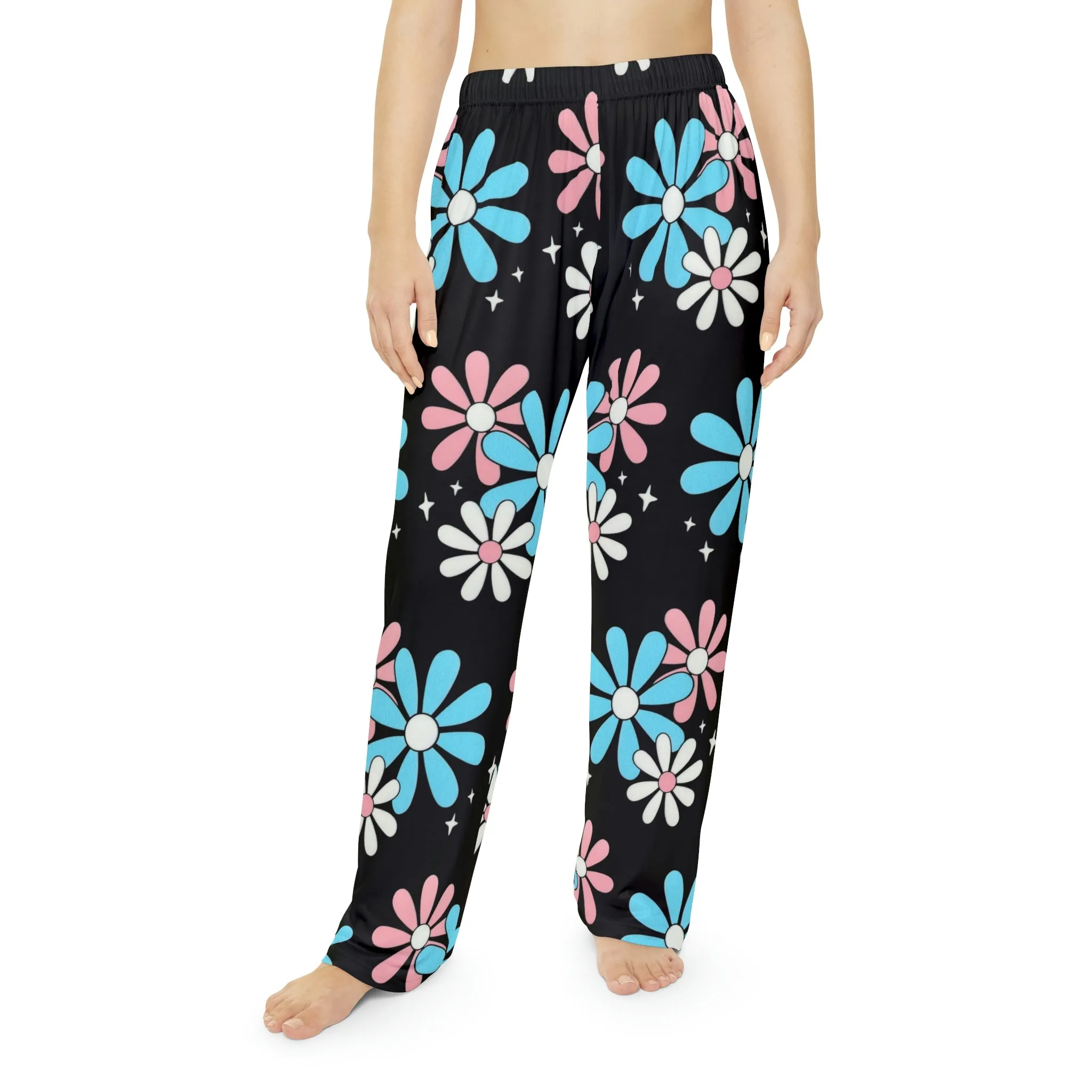 Teen - Plus Size Blue Pink White Big Daisies Black Soft Comfy Pajama Style Lounge Pants