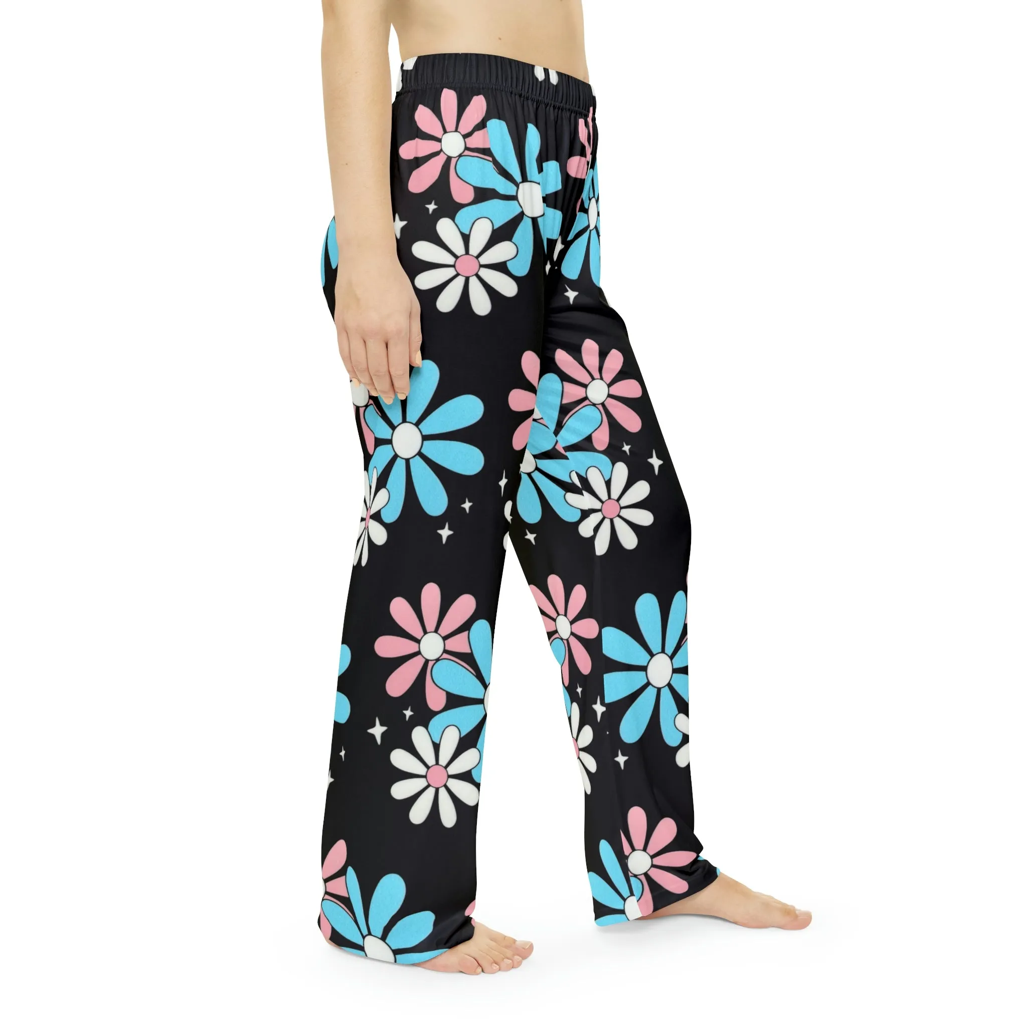 Teen - Plus Size Blue Pink White Big Daisies Black Soft Comfy Pajama Style Lounge Pants