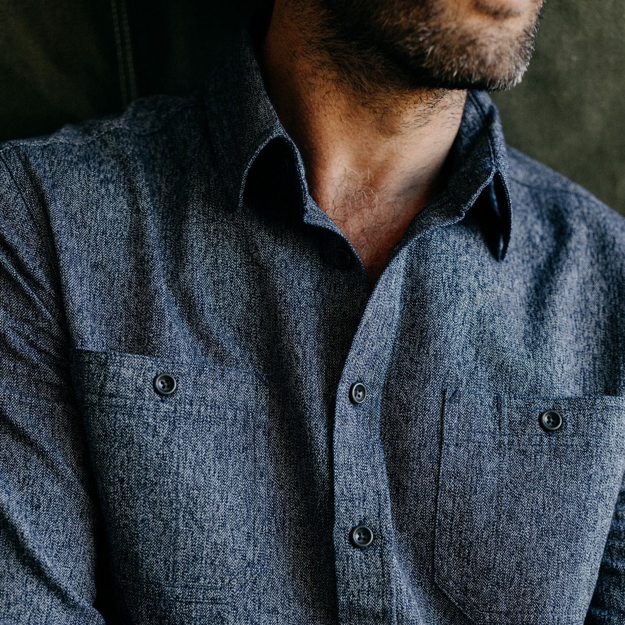 The Utility Shirt in Rinsed Indigo Herringbone