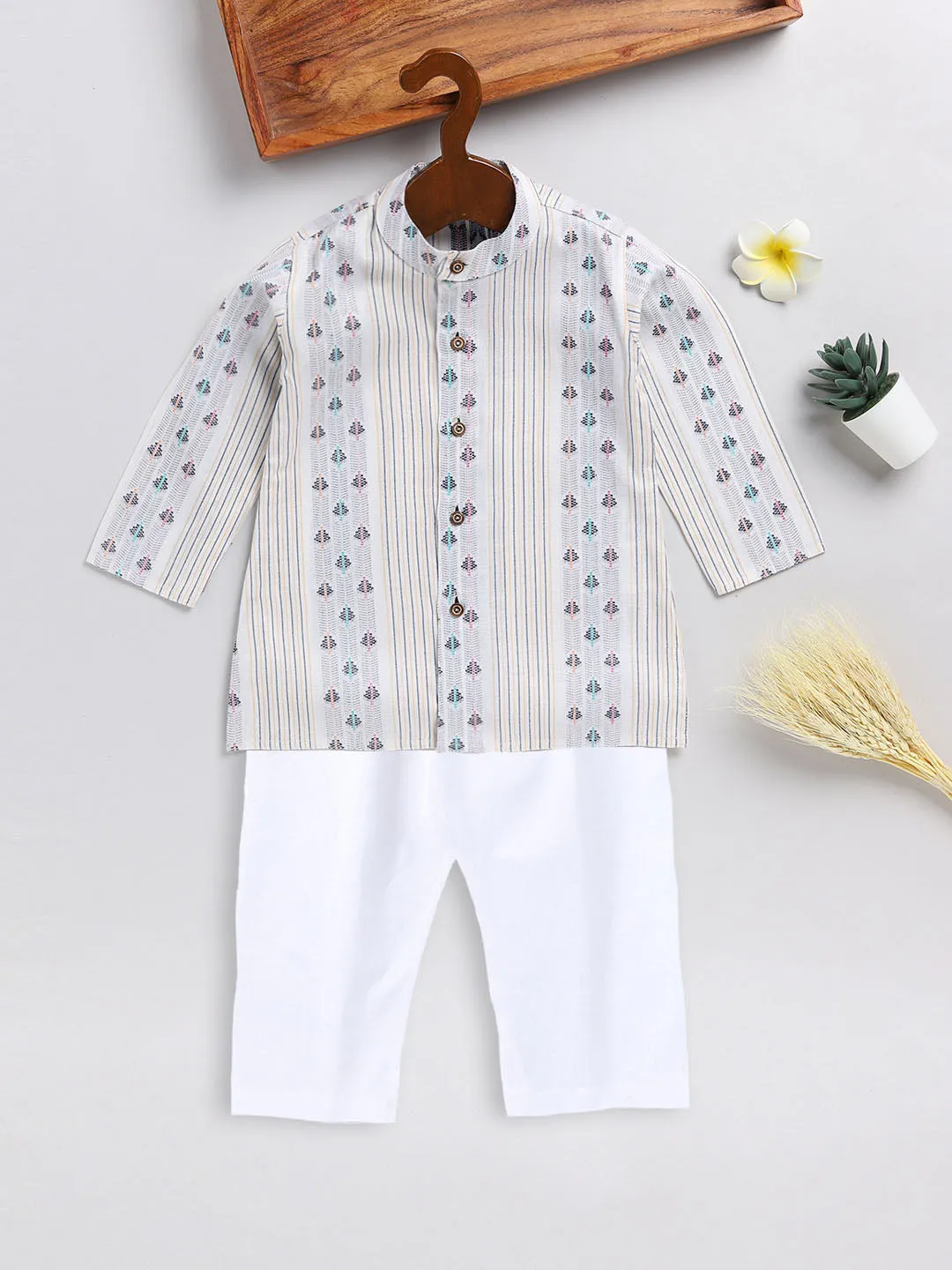 VASTRAMAY SISHU Boy's White Woven Design Cotton Kurta Pyjama Set