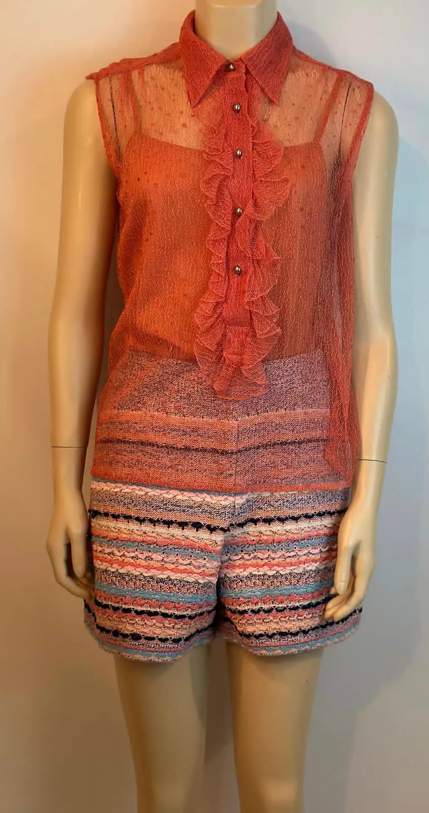 Vintage Chanel 02P, 2002 Spring 2-piece Orange Top Blouse Camisole sheer Lace Set FR 38