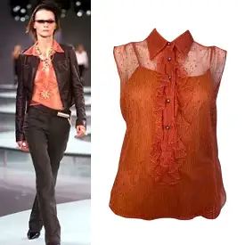 Vintage Chanel 02P, 2002 Spring 2-piece Orange Top Blouse Camisole sheer Lace Set FR 38