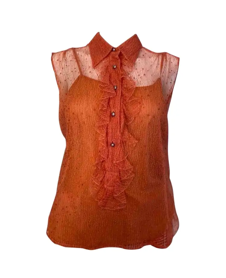 Vintage Chanel 02P, 2002 Spring 2-piece Orange Top Blouse Camisole sheer Lace Set FR 38